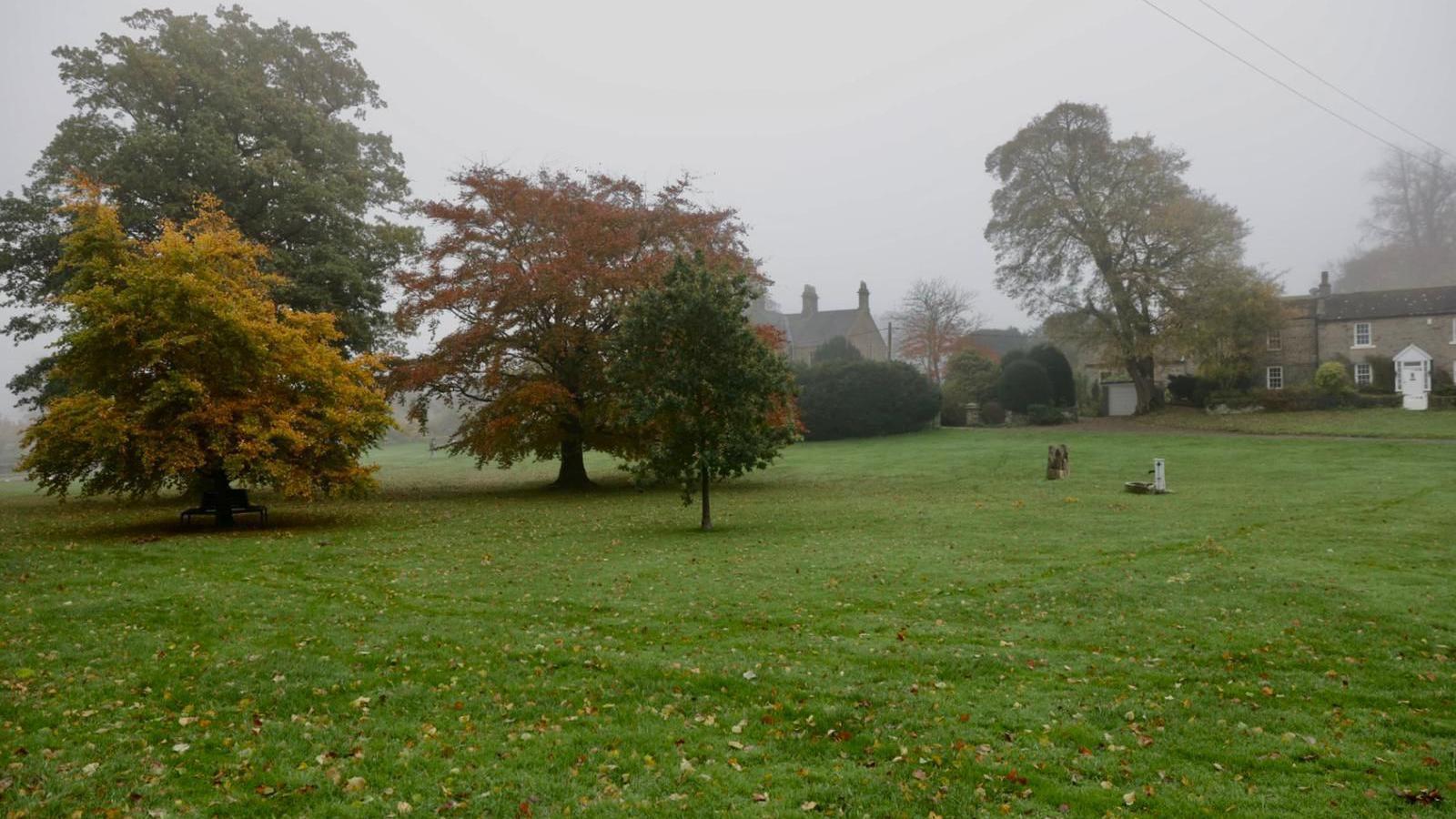 The misty Romaldkirk Village Green. There are several mature trees with yellow autumn leaves on the grass. A two-storey stone house is in the background.