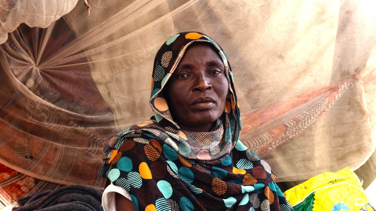 A woman who has fled el-Fasher sits in a makeshift tent in a camp for displaced people.