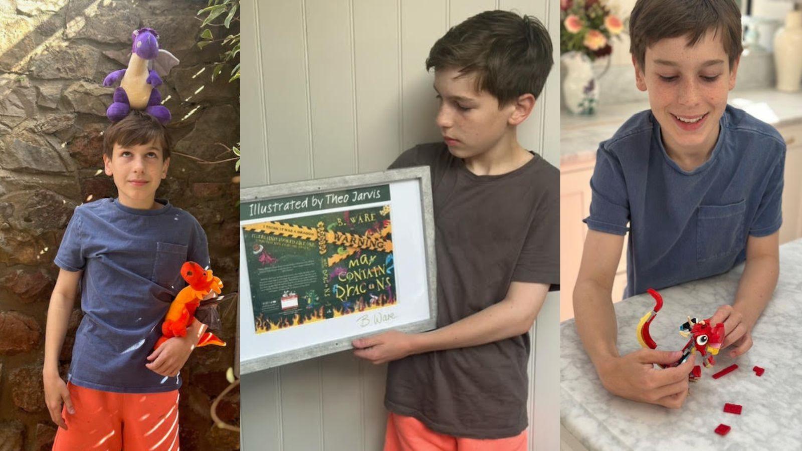 A picture split into three. The middle image shows Theo looking at the illustrated book cover which is in a silver frame. The other two images show Theo holding and playing with toy dragons.