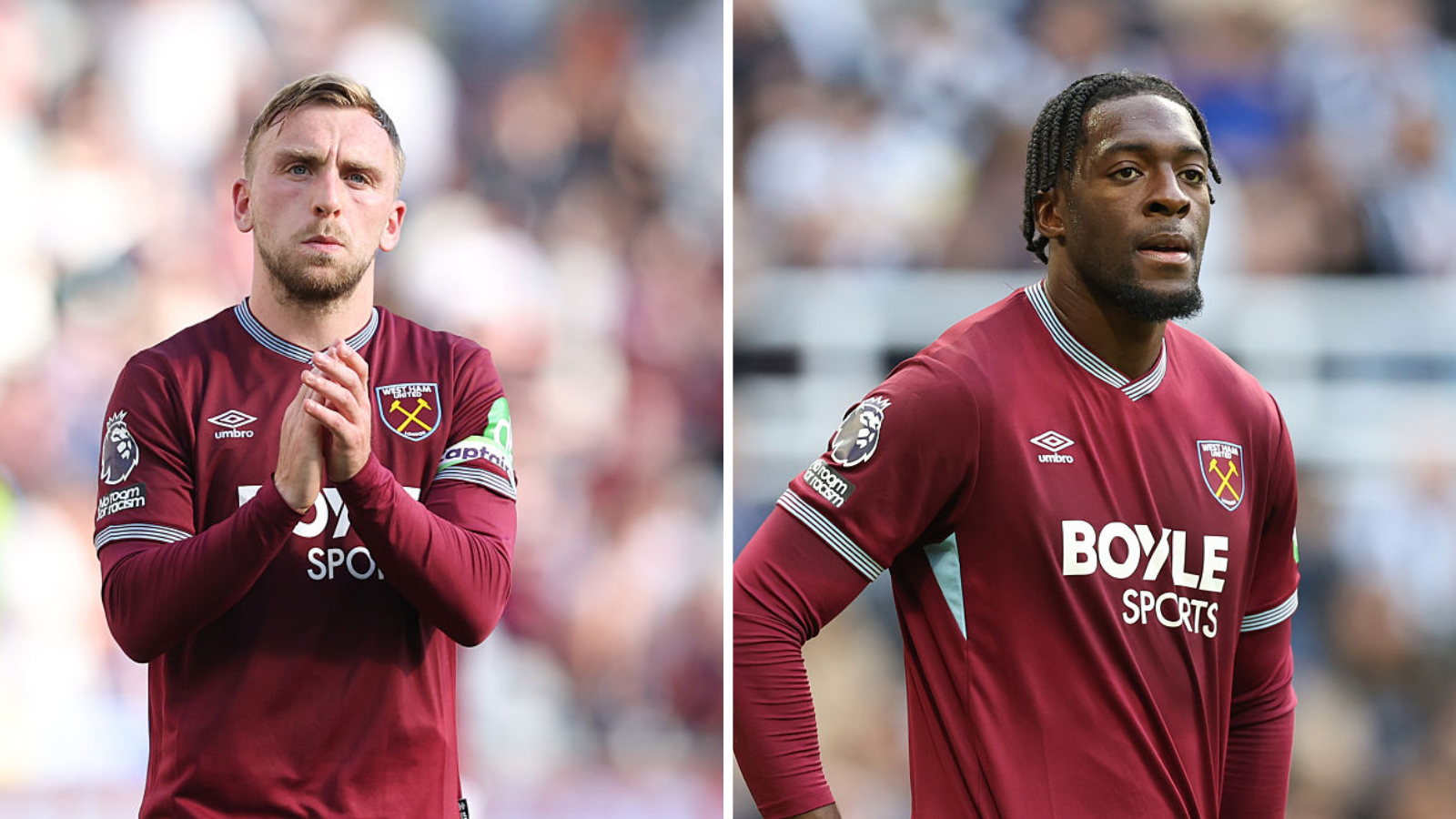 Jarrod Bowen and Axel Disasi of West Ham