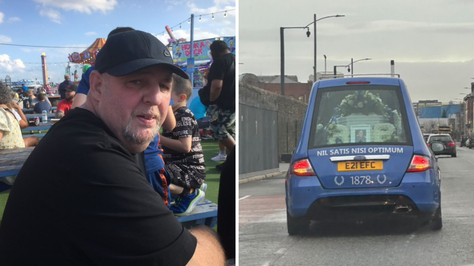 Split pic of Everton fan Robbie and his funeral procession that passed both Goodison Park and Bramley Moore Dock