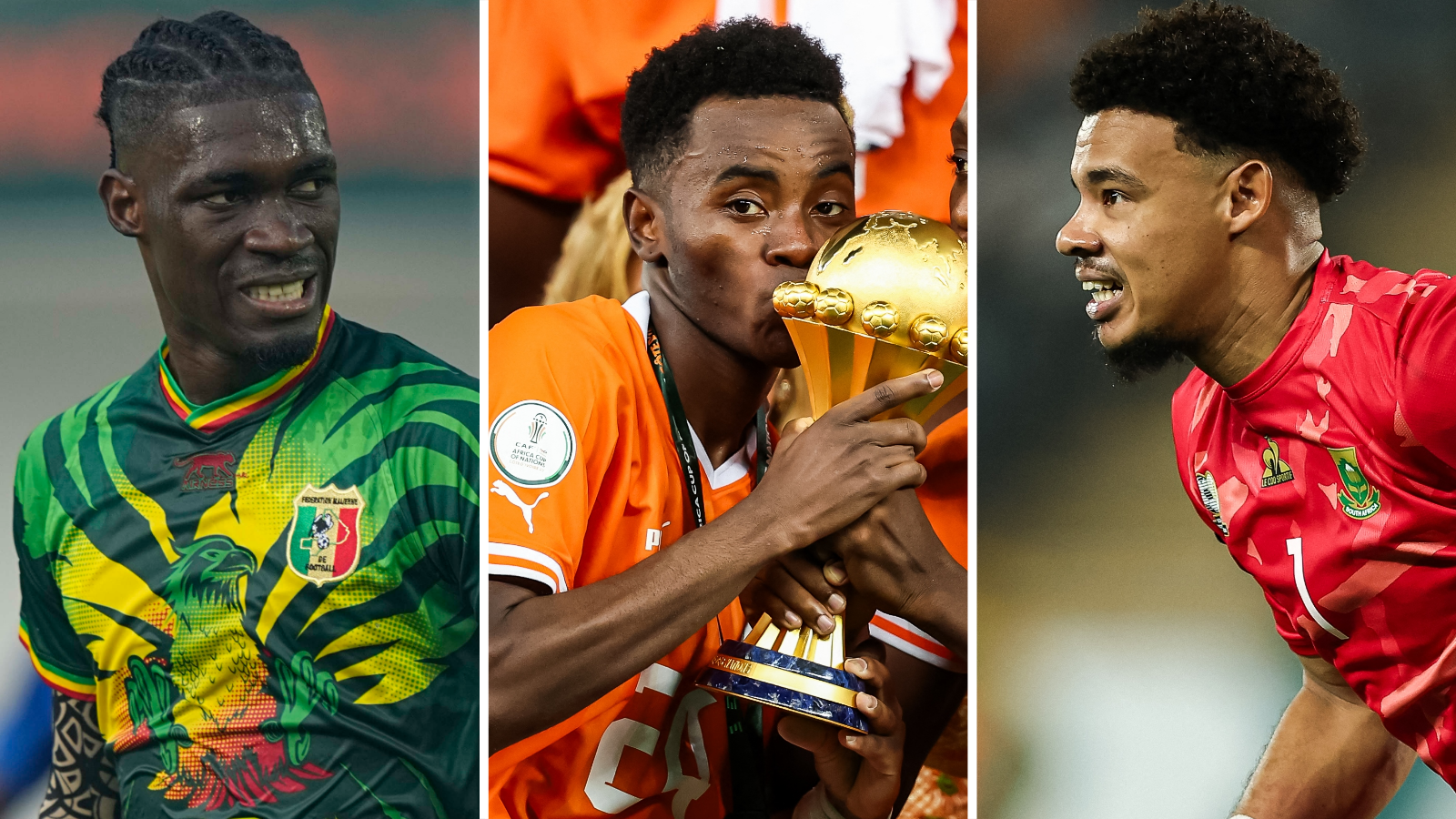 A split image of Yves Bissouma playing for Mali, Simon Adingra kissing the Africa Cup of Nations trophy and Ronwen Williams in action for South Africa