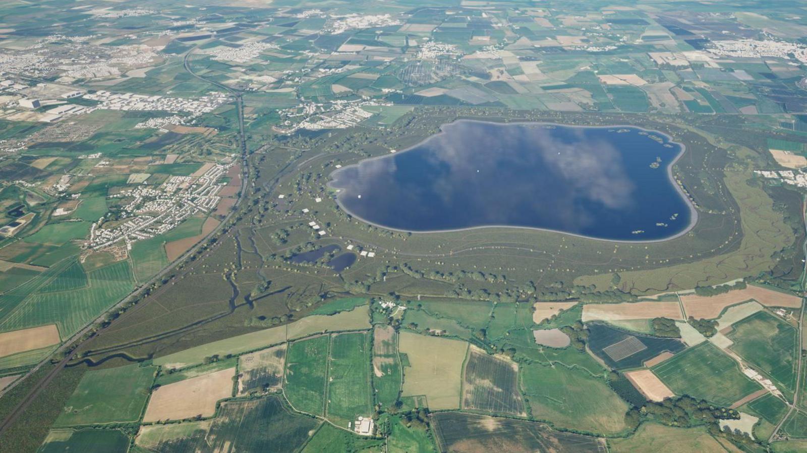 A CGI image of the Oxfordshire reservoir SESRO seen from the north
