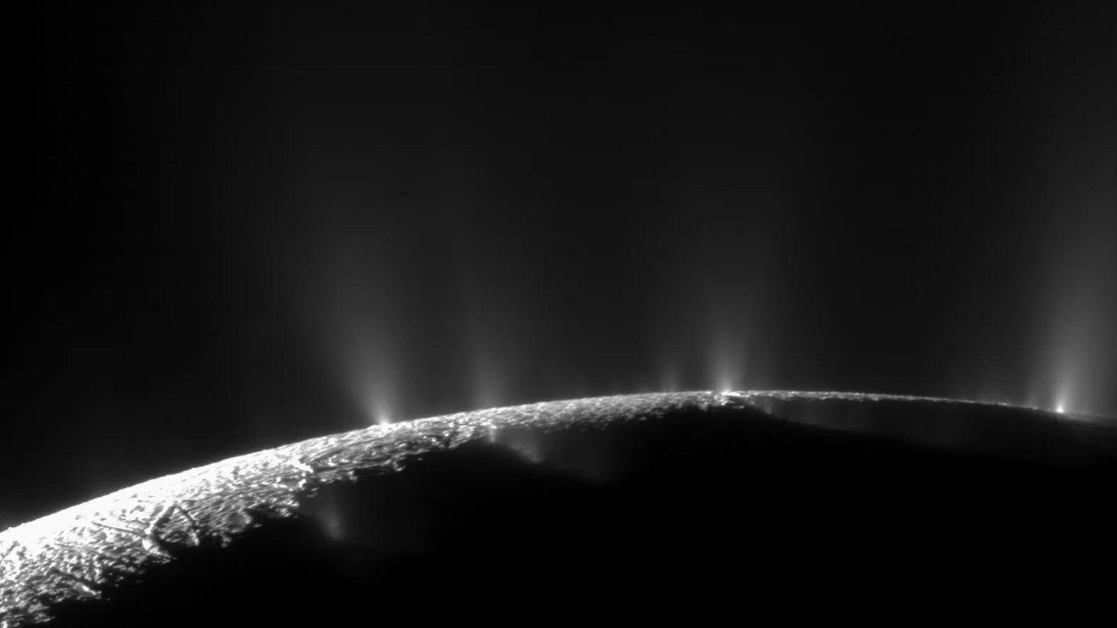 Plumes of material coming from Enceladus, one of the moons of Saturn, indication a sub-surface ocean.