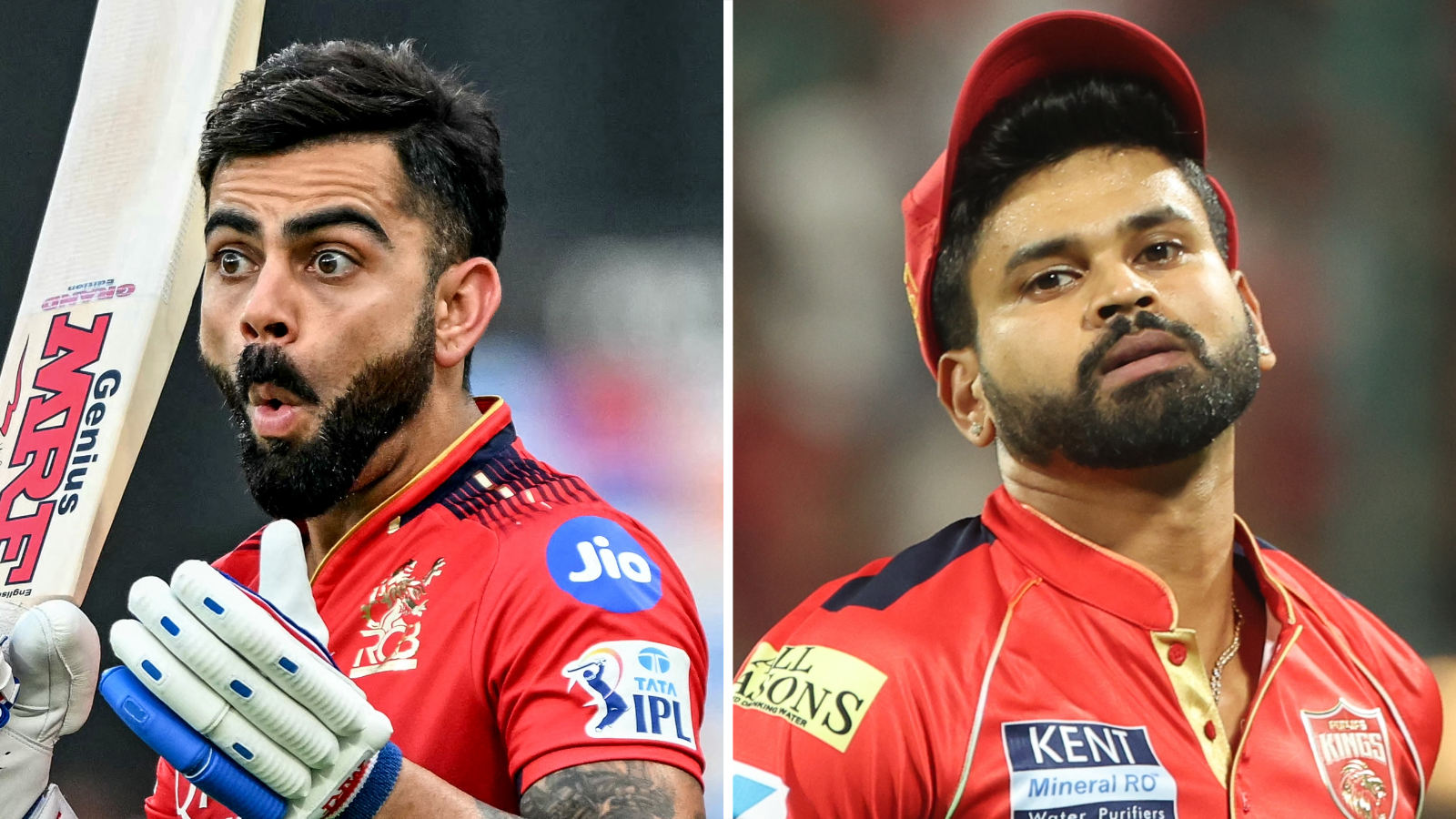 A split graphic with Virat Kohli of Royal Challengers Bengaluru on the left and Punjab Kings' Shreyas Iyer on the right