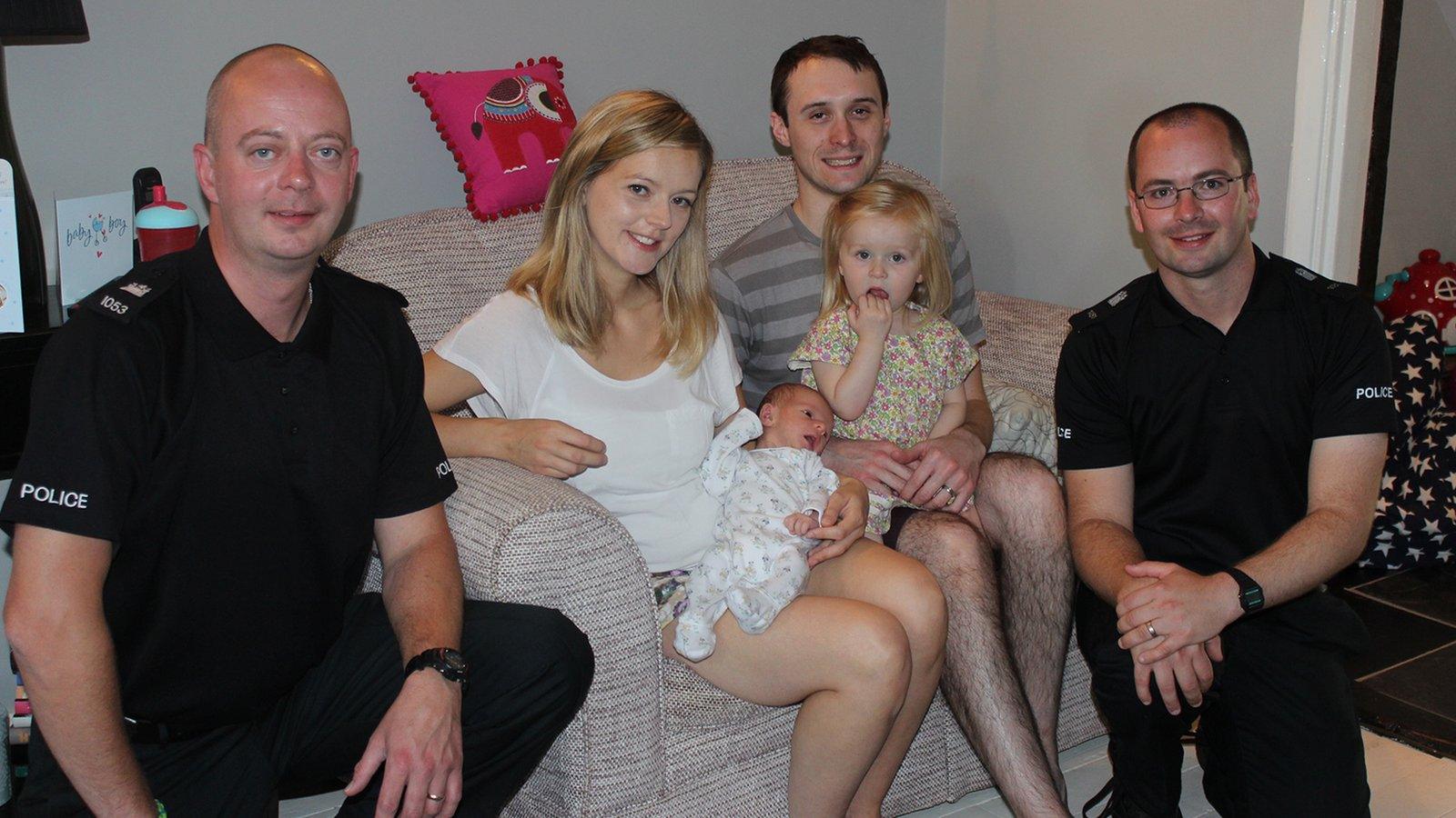 PC Andrew Masterson, Holly Mackie holding baby Rupert, Andrew Mackie holding Rose and PC Jerry Cohen