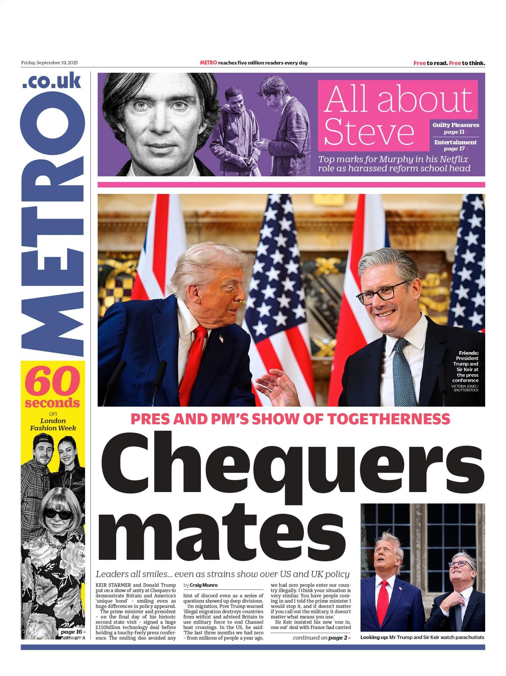 "Chequers mates" reads the headline on the front page of Metro.