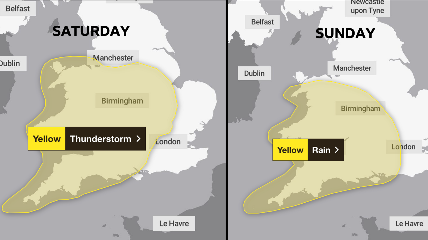 Two maps of the United Kingdom: the first shows a yellow thunderstorm warning area for Wales, central and southern England on Saturday; the second shows another yellow warning for rain on Sunday across most of Wales, the Mildlands and south-west England