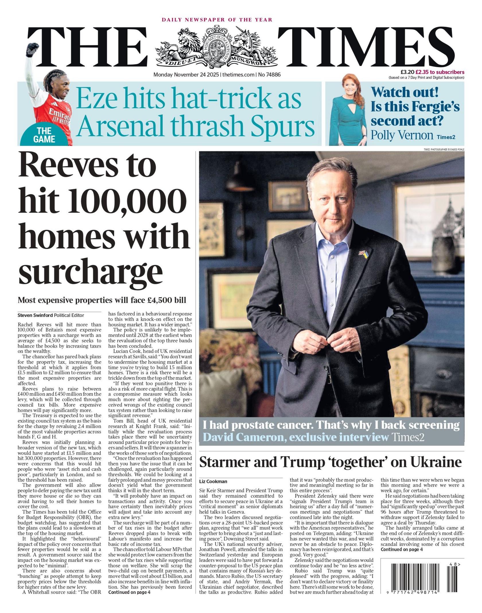 "Reeves to hit 100,000 homes with surcharge," reads the headline on the front page of the Times.