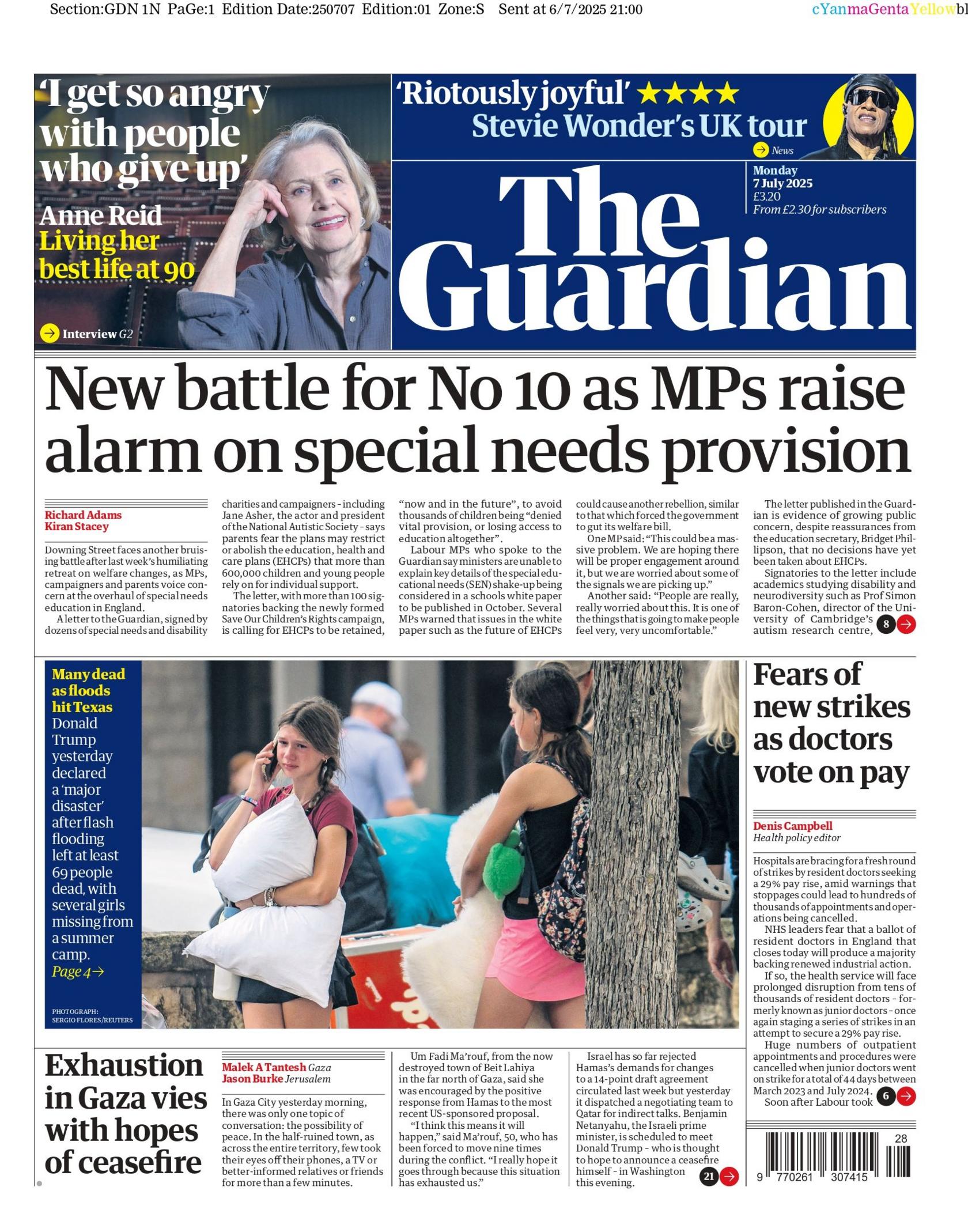 The Guardian's front page with stories on possible new doctors' strikes, and the exhaustion faced by Palestinians in Gaza as ceasefire negotiations continue.