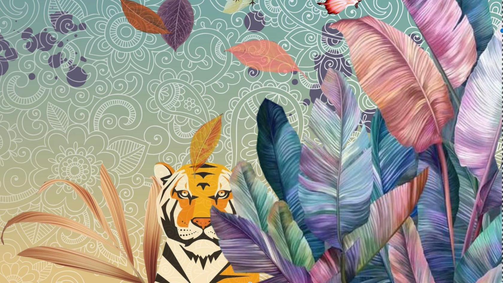 A painting of a tiger sitting among pink, purple and blue leaves