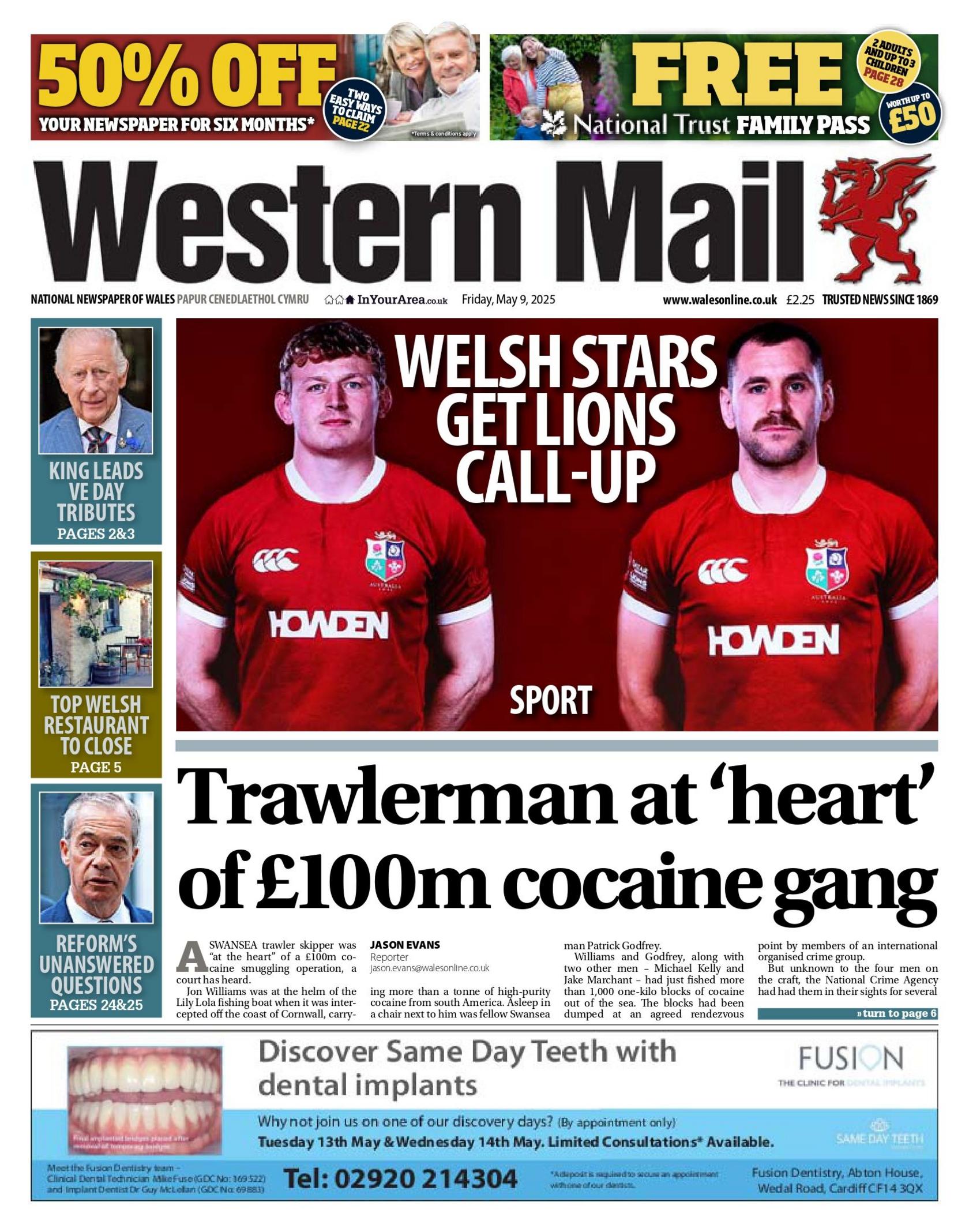 Front page of the Western Mail has two Welsh rugby players in their red jerseys and the headline Welsh Stars get Lions call up. Below that is the headline trawlerman at 'heart' of £100 million pound cocaine gang 