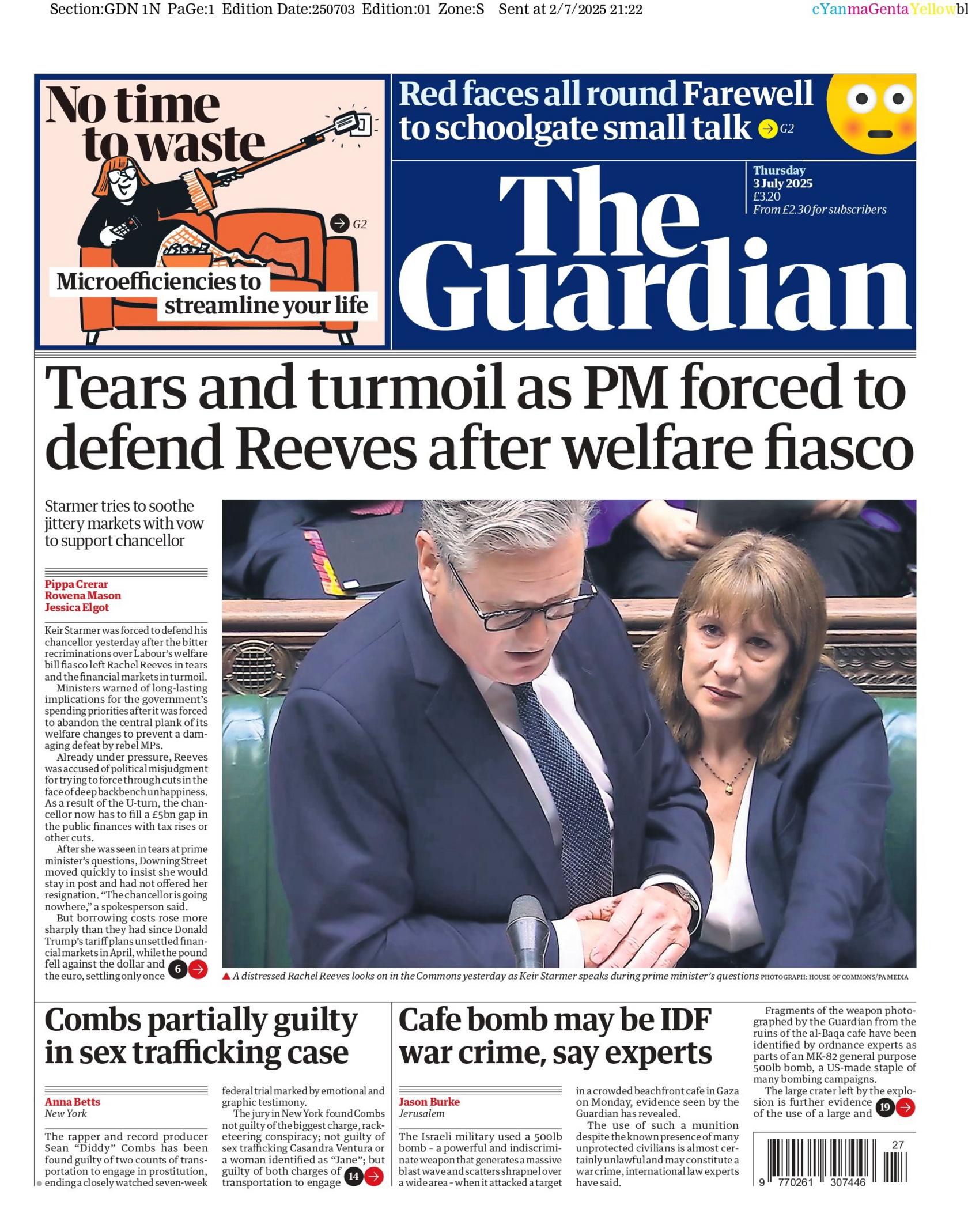 "Tears and turmoil as PM forced to defend Reeves after welfare fiasco" reads the headline on the front page of The Guardian.
