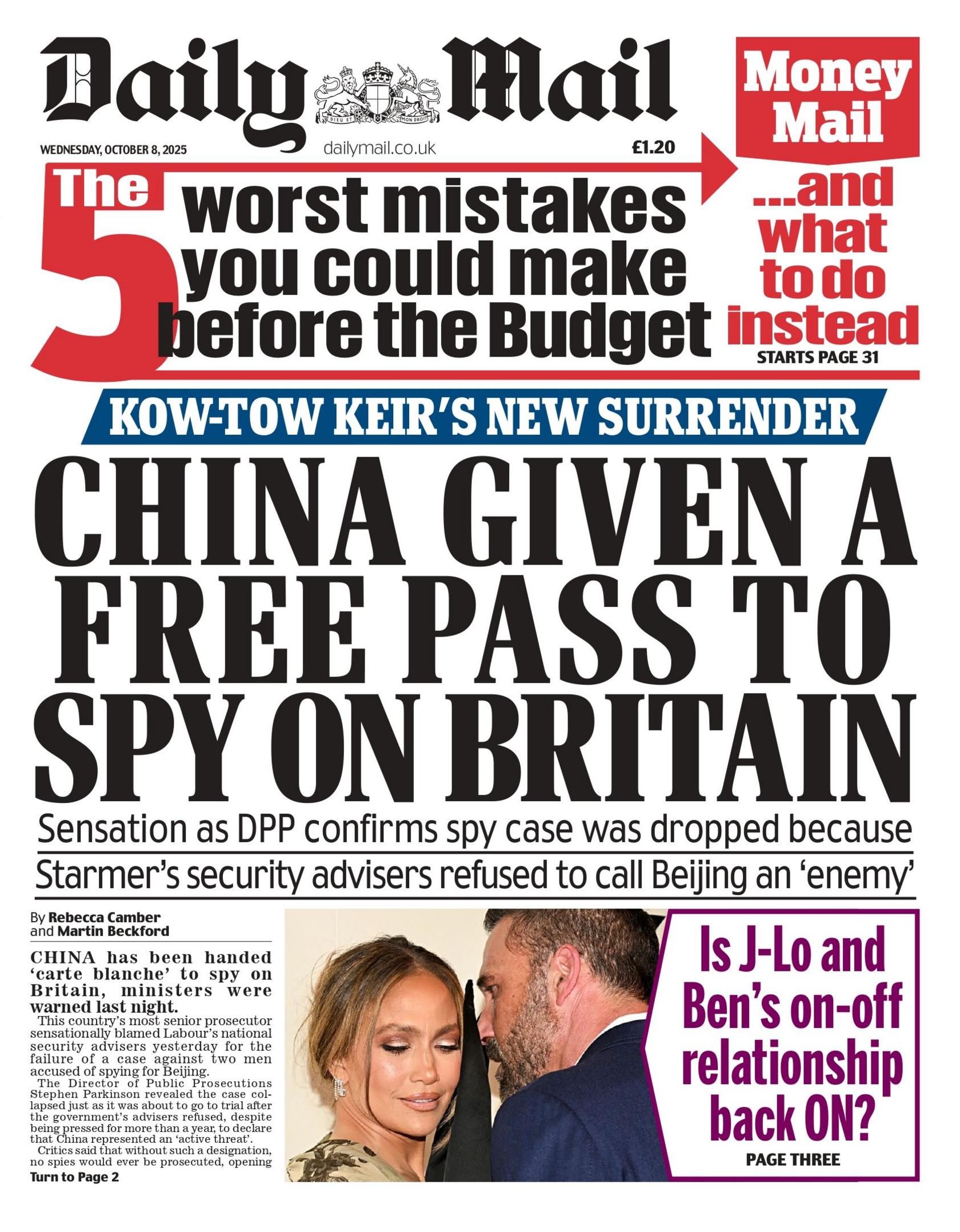 The headline on the front page of the Daily Mail reads: "China given a free pass to spy on Britain."