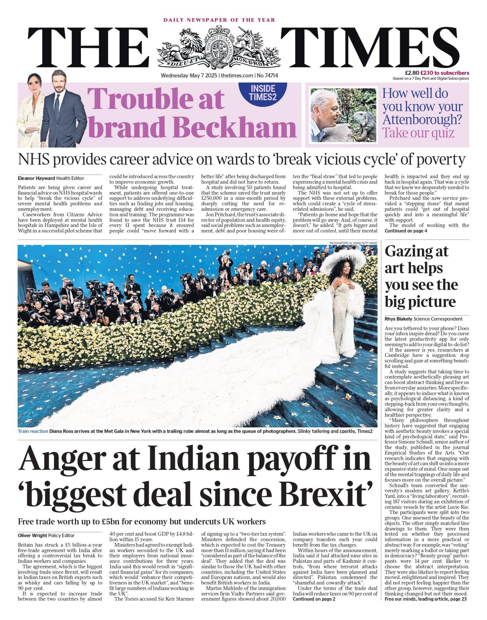 The headline on the front page of the Times reads: "Anger at Indian payoff in 'biggest deal since Brexit'"