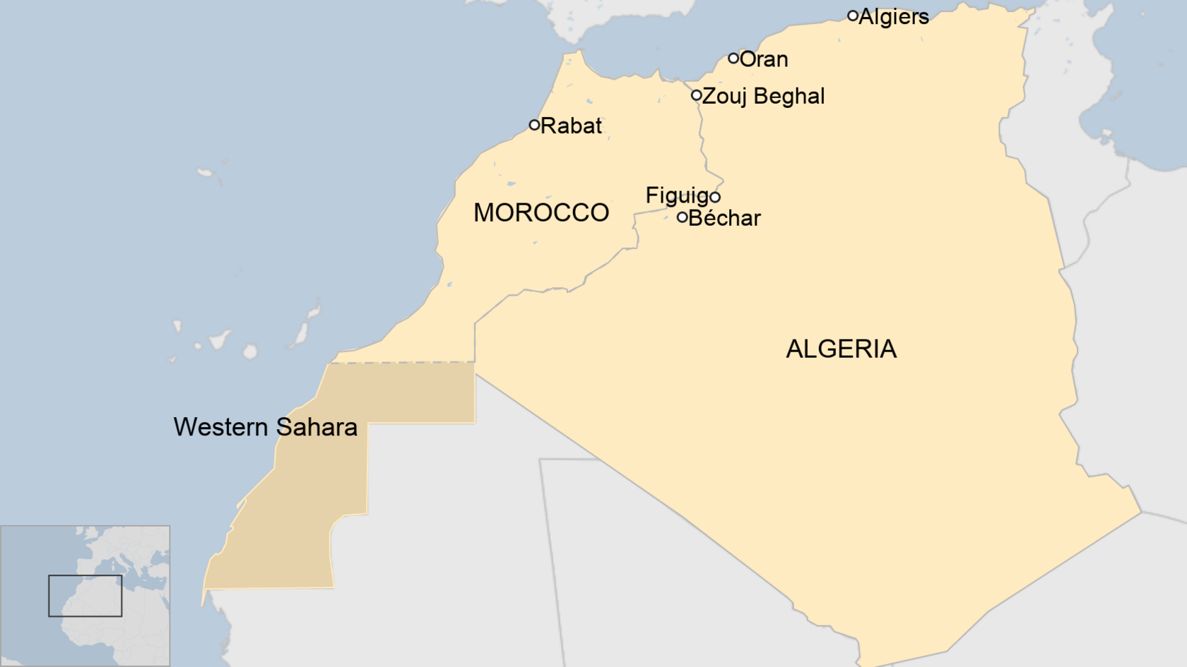 A map of Morocco and Algeira