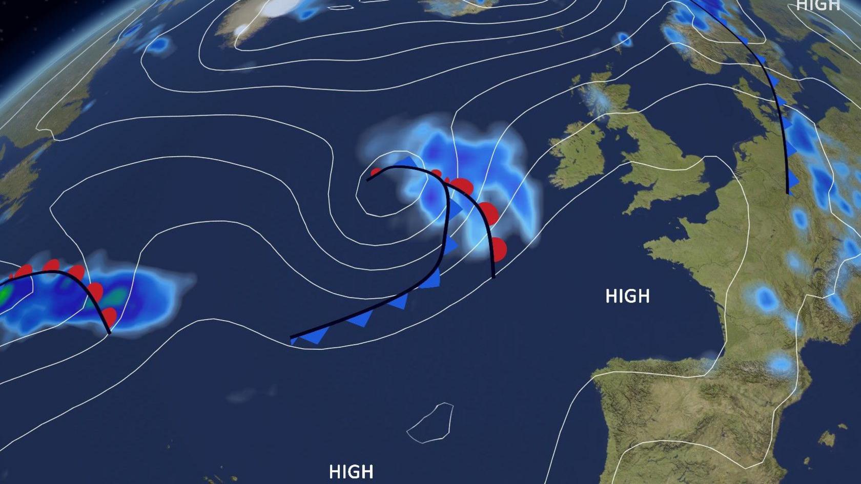BBC Weather pressure chart showing a high pressure area stretching south-west from the Atlantic west of Spain, across western France and into the south of the UK, and Atlantic lows further north