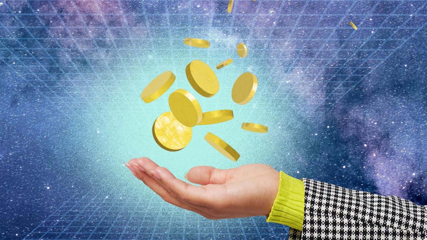Gold coins shown falling into someone's outstretched hand.
