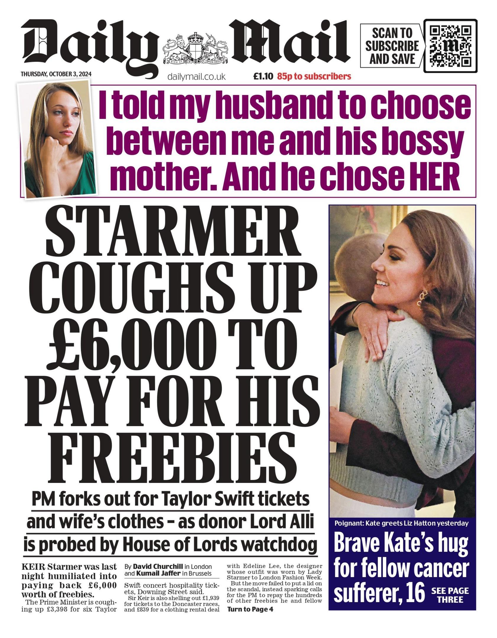 The Daily Mail front page for 3 October