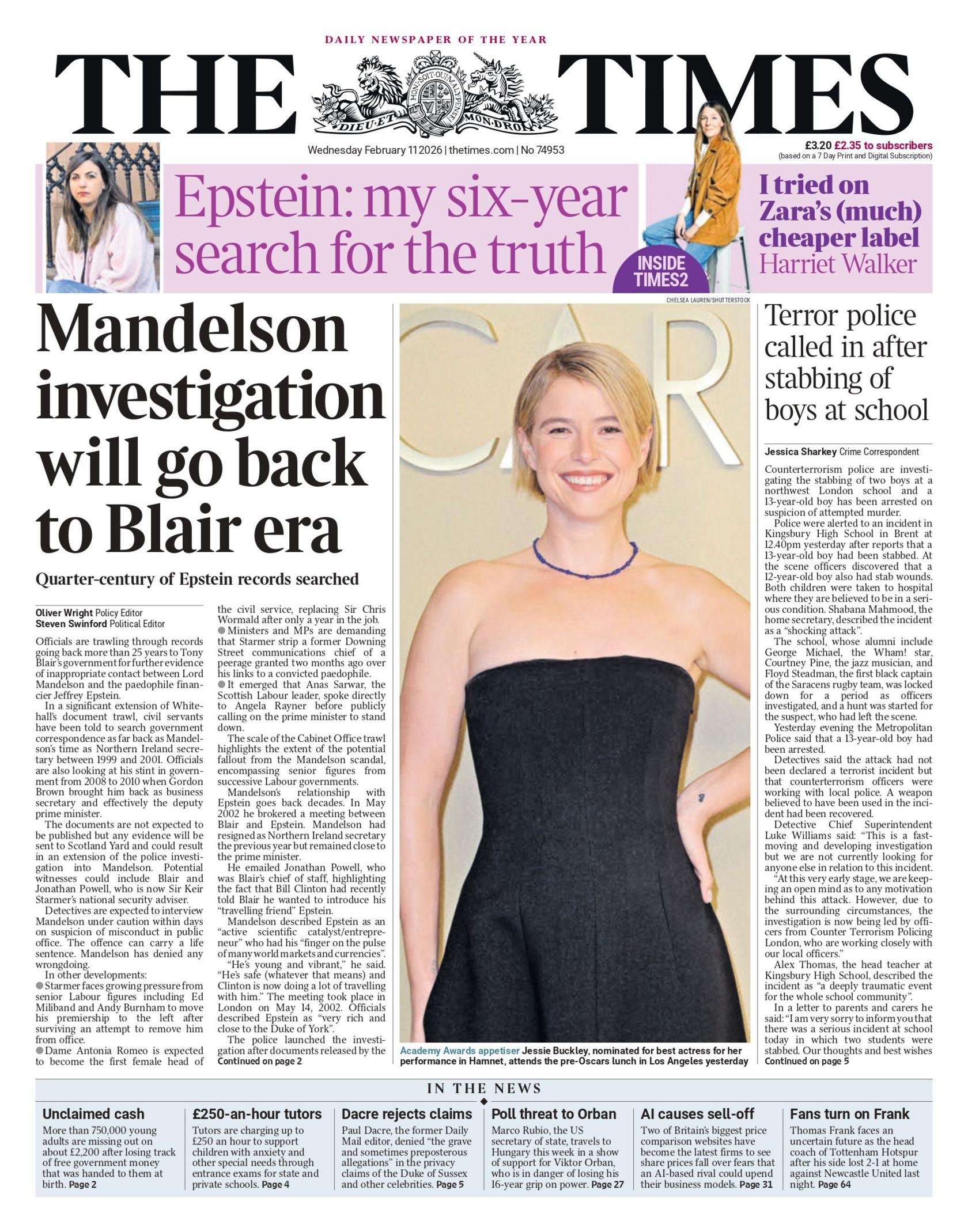 "Hetimi i Mandelson do të kthehet në epokën e Blair", thuhet në titullin kryesor të gazetës Times.