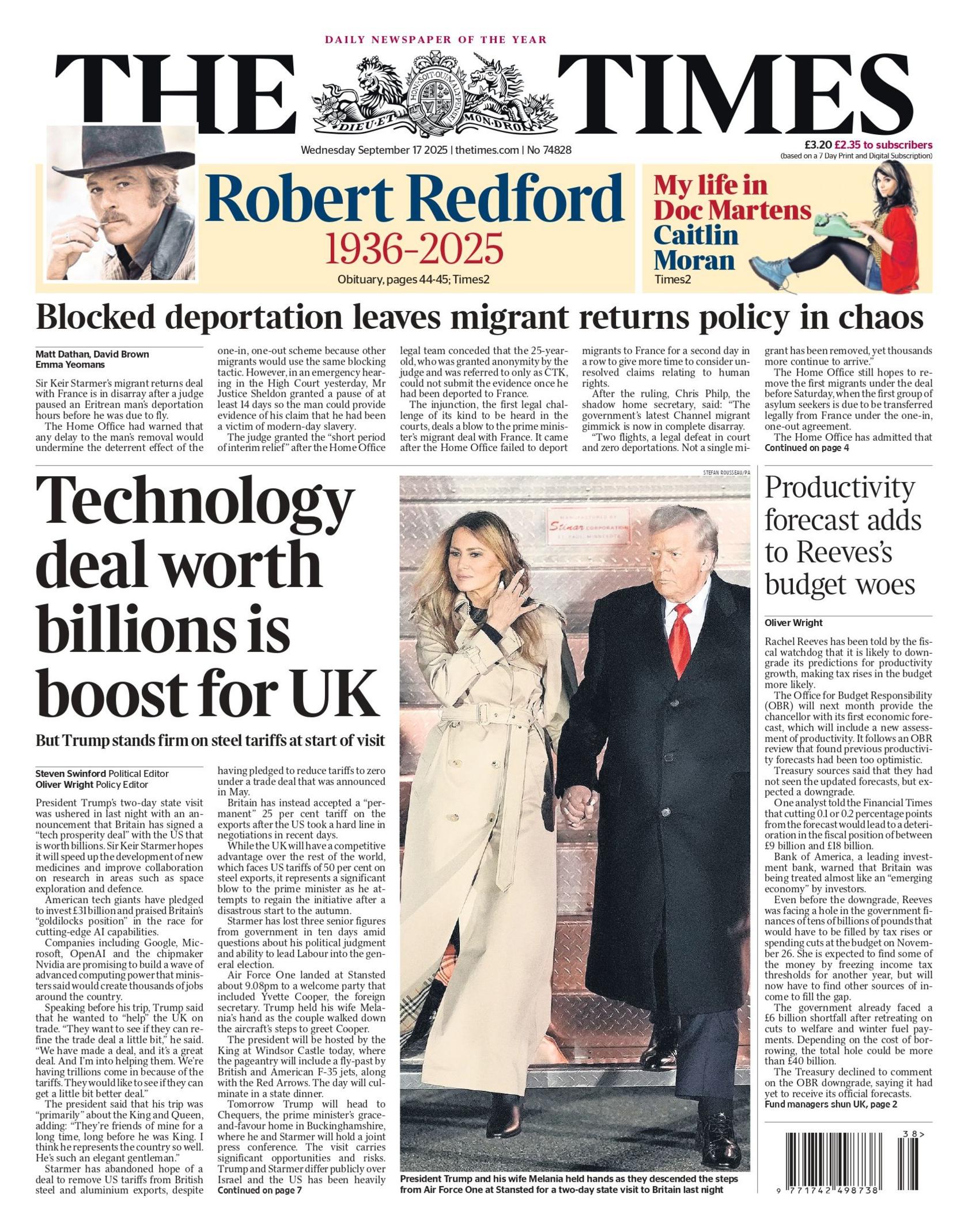 "Technology deal worth billions is boost for UK" reads the headline on the front page of The Times.