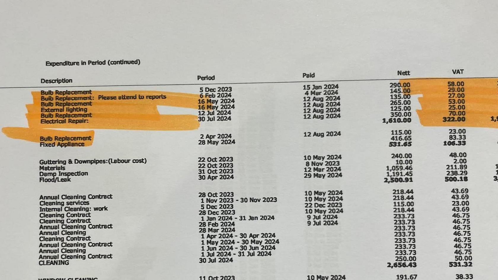 A financial statement showing a list of job descriptions, when they were carried out and paid, and how much they cost. 