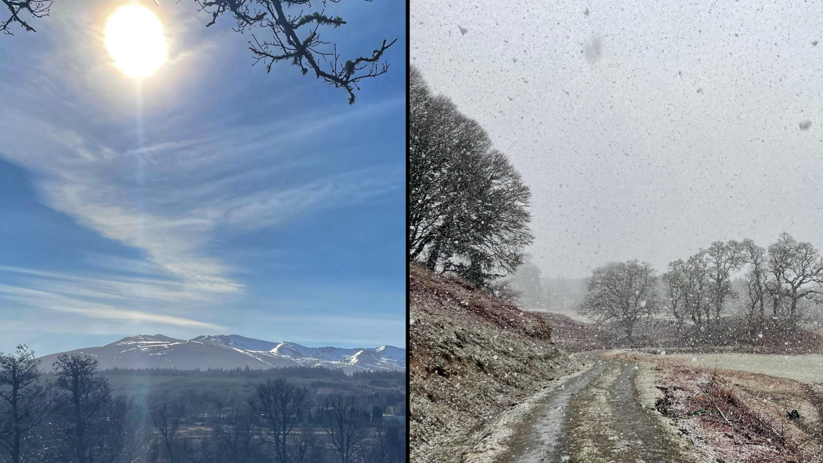 two pictures side by side. On the left, a picture of a mountain with blue skies and sunshine glowing. On the right, a field and trees with cloudy skies and snow falling