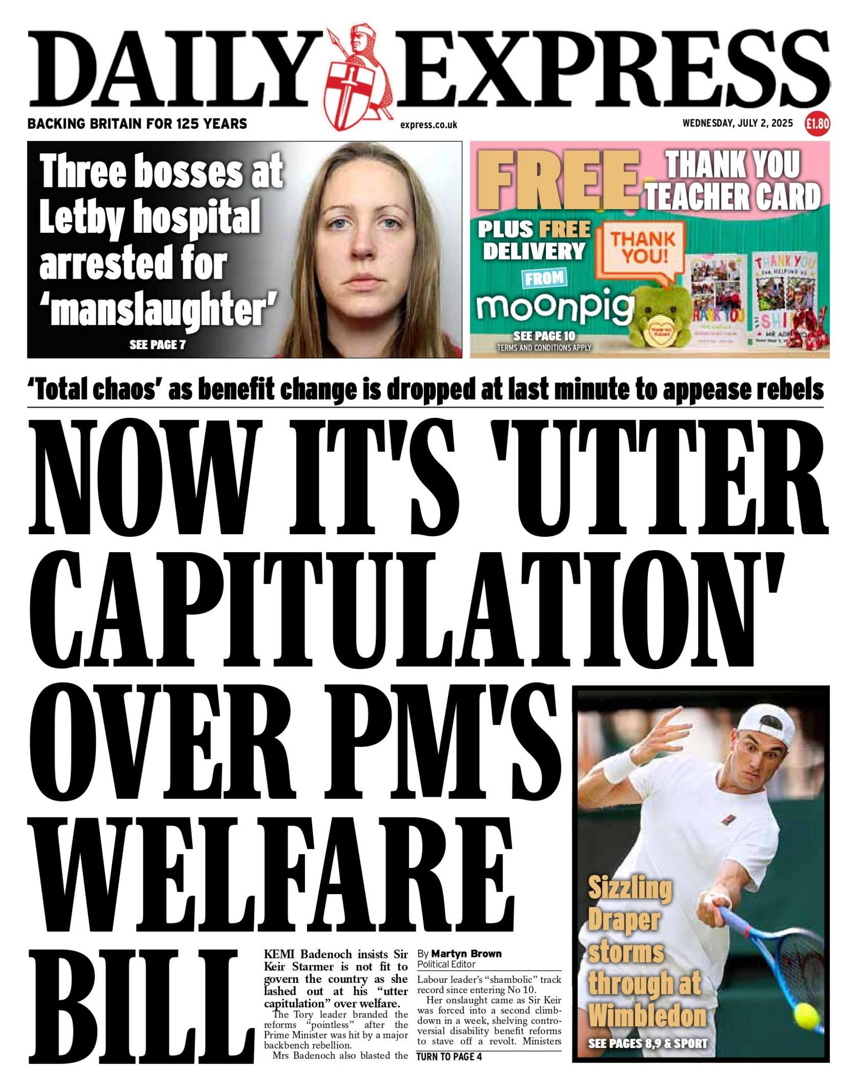 "Now it's 'utter capitulation' over PM's welfare bill" reads the headline on the front page of The Times.