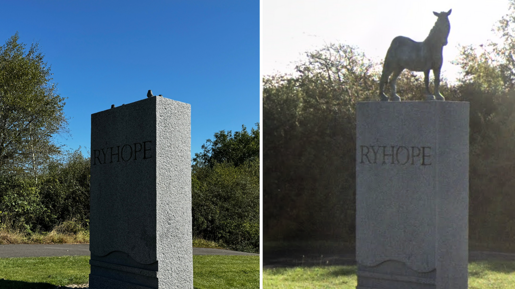 Two pictures next to each other showing the empty plinth on the left, and the statue in position on the right.