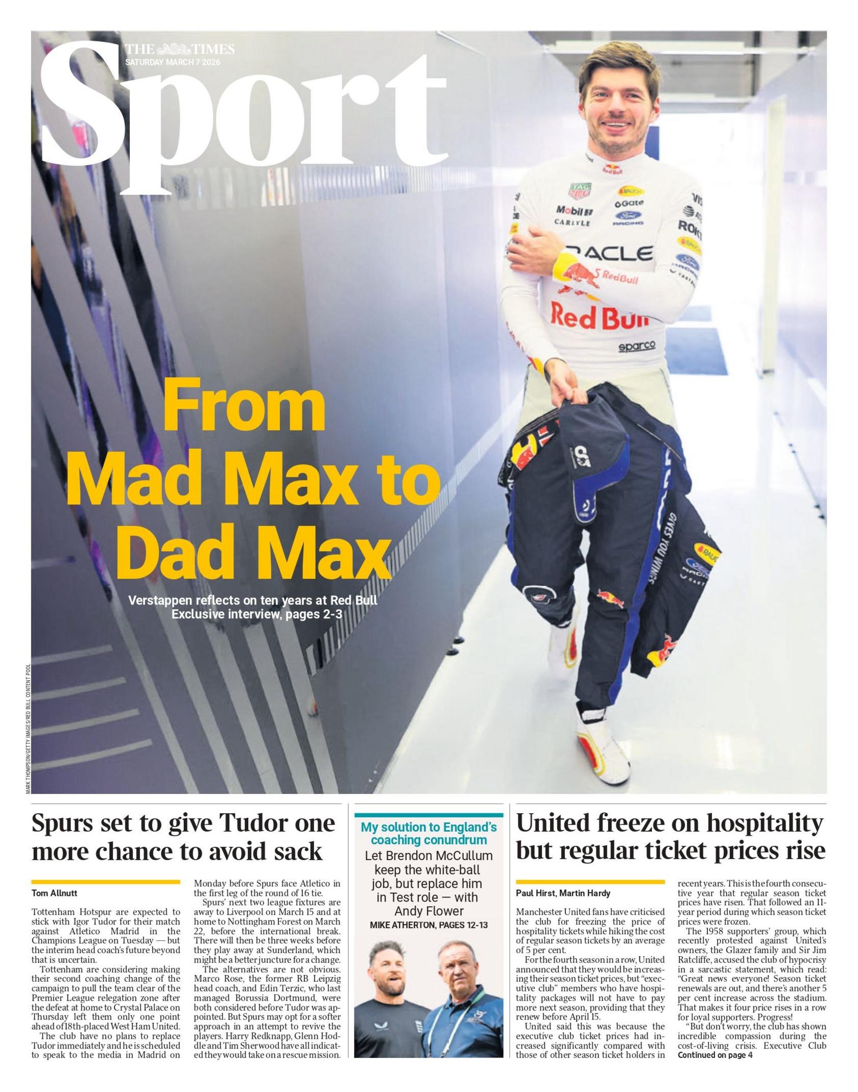 Back page of the Times with the main headline "From Mad Max to Dad Max".