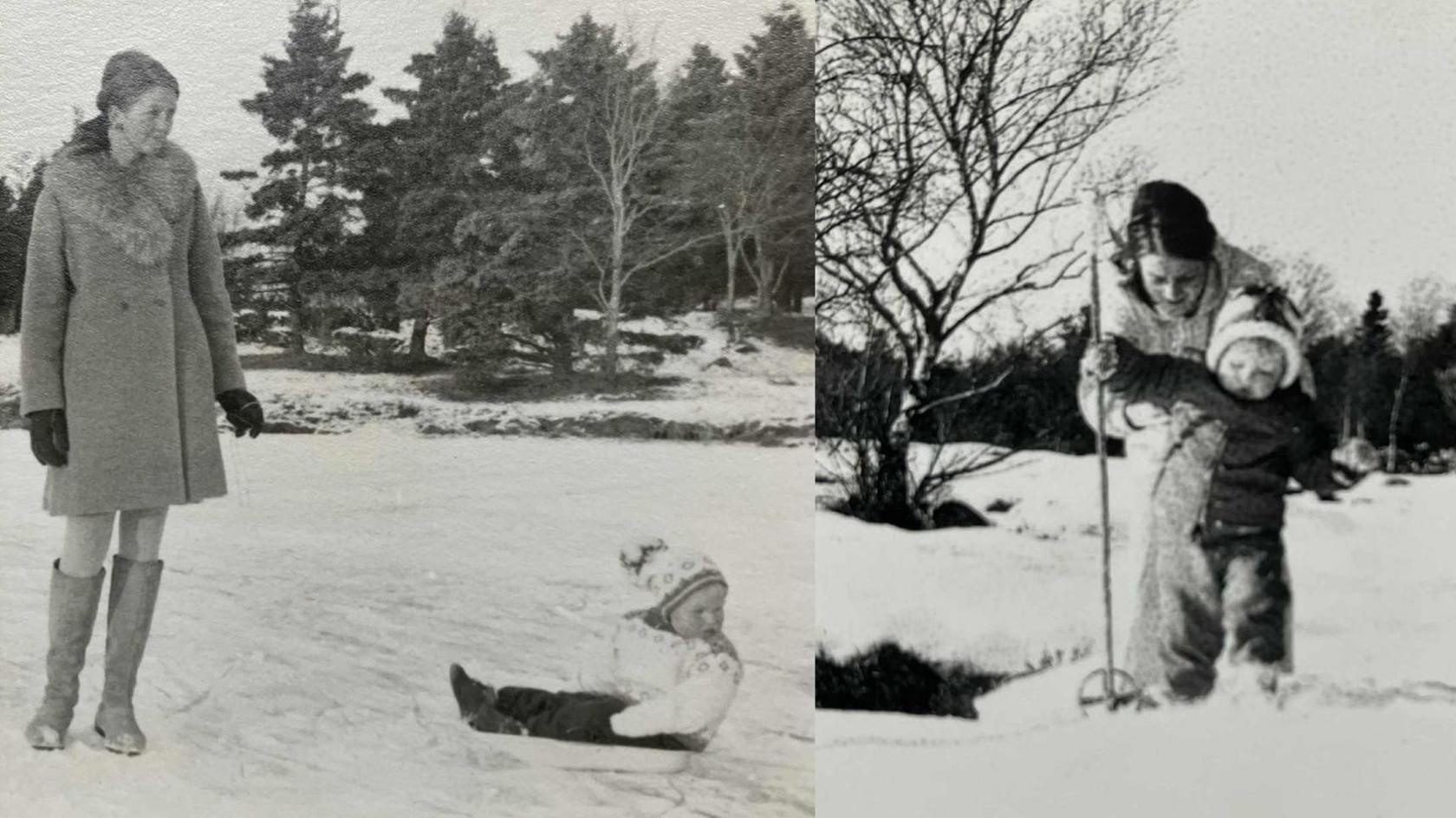 Lluniau du a gwyn o Siri yn ddwy oed yn dysgu sgio