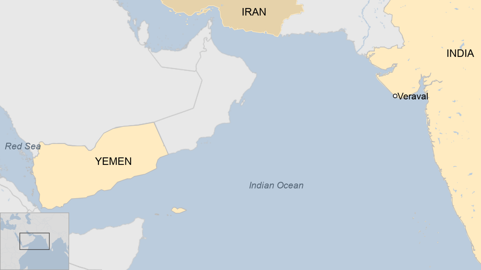 A BBC map shows the Red Sea, Indian Ocean, Iran and India - with the city of Veraval marked in the latter country