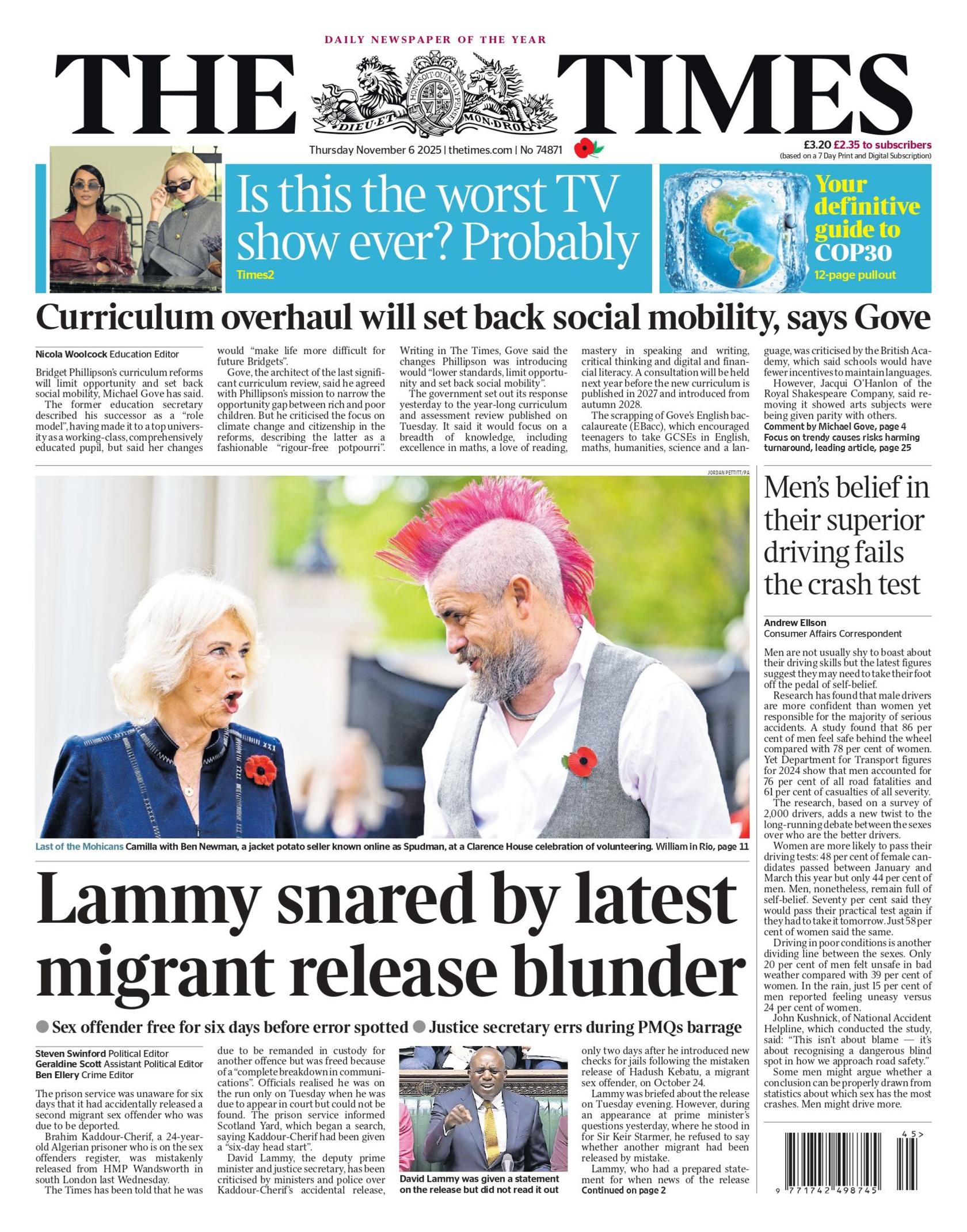 The headline on the front page of the Times reads: "Lammy snared by latest migrant release blunder".