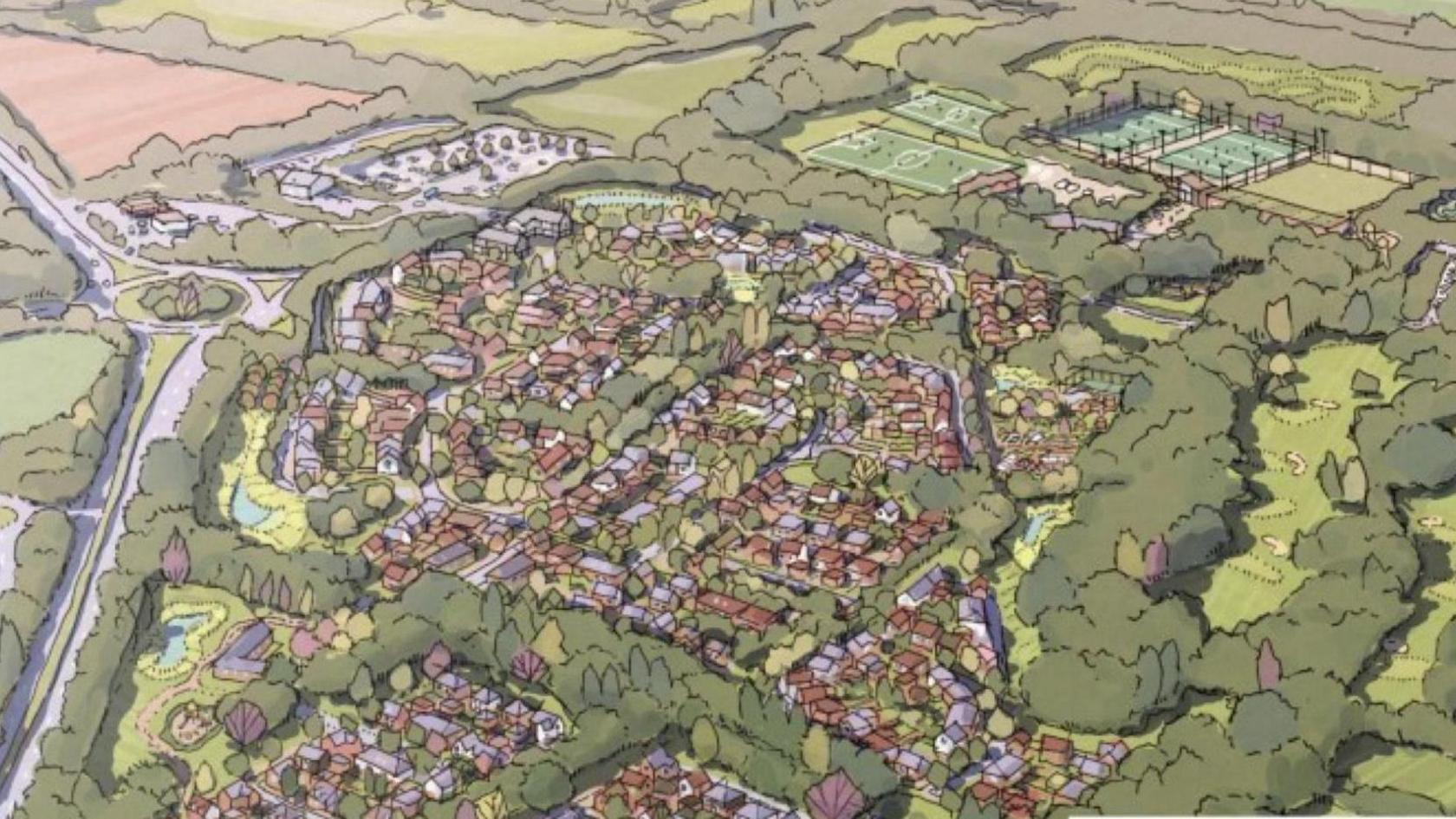 An illustrated aerial view of what the development near Horsham Golf and Fitness could look like. It shows housing and sports facilities. 