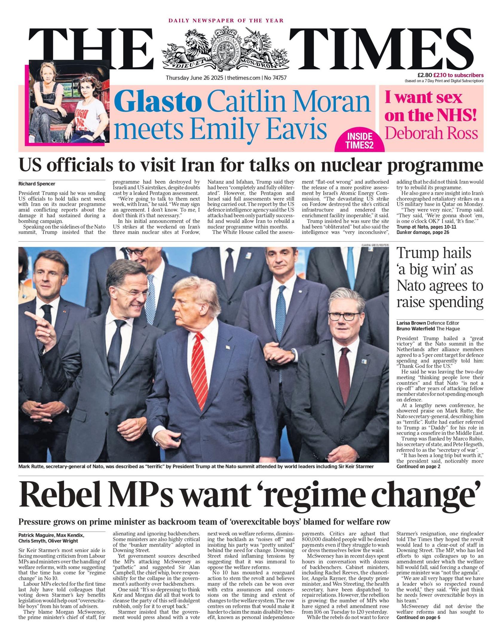 "US officials to visit Iran for talks on nuclear programme" reads the headline on the front page of The Times.
