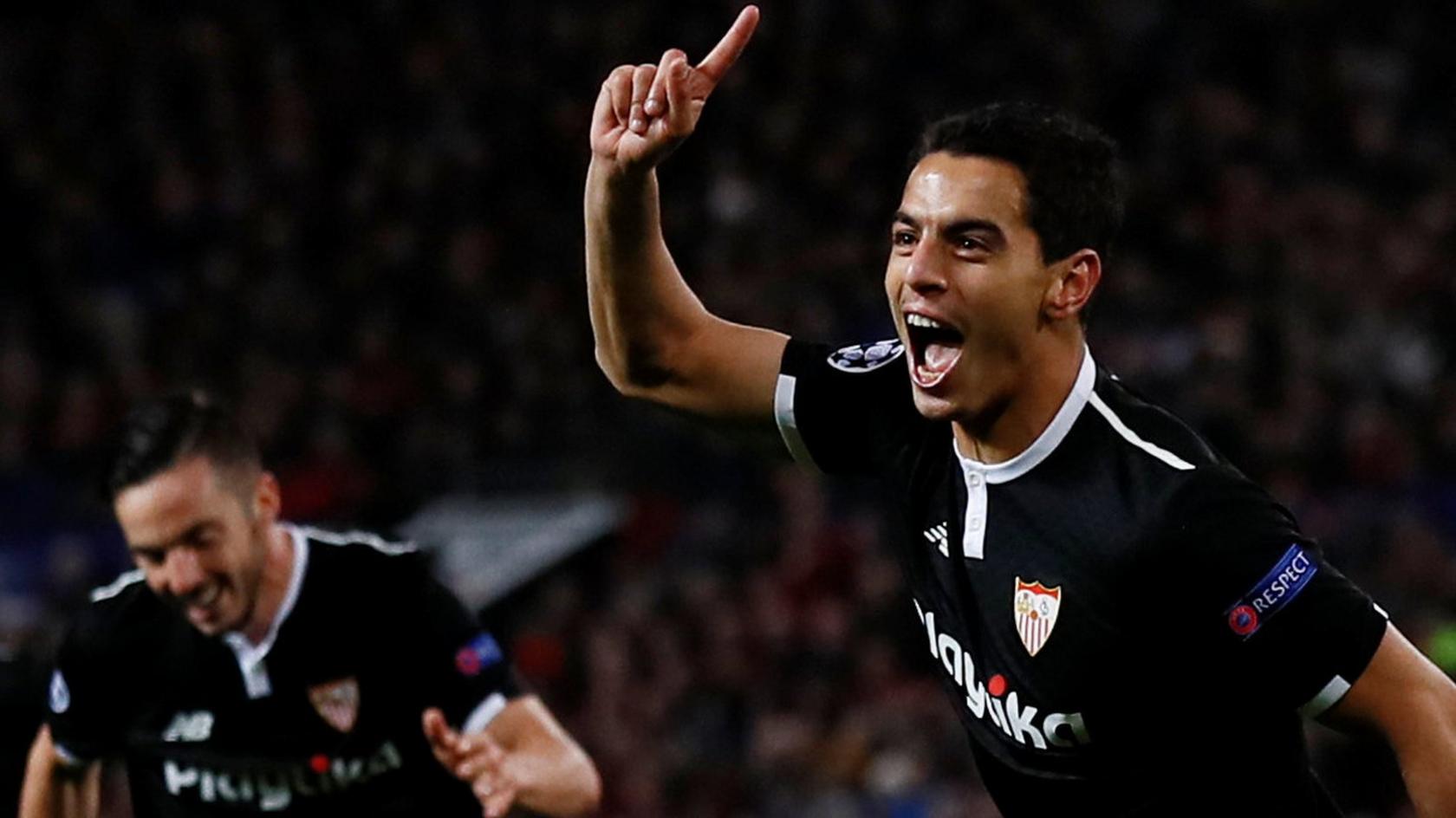 Wissam Ben Yedder celebrates scoring for Sevilla at Manchester United