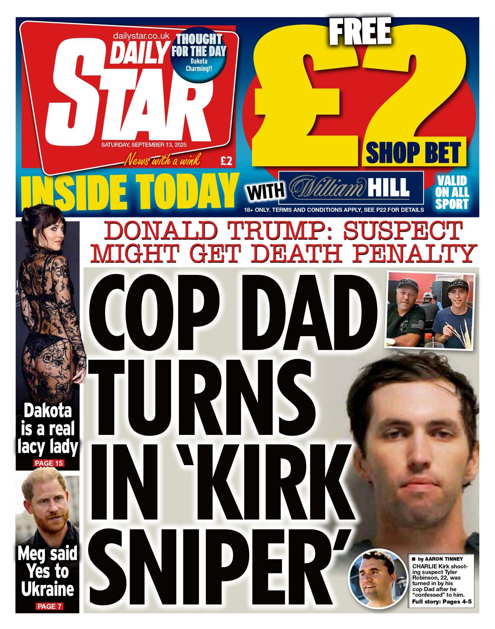 The headline on the front page of the Daily Star reads: "Cop dad turns in 'Kirk sniper'".