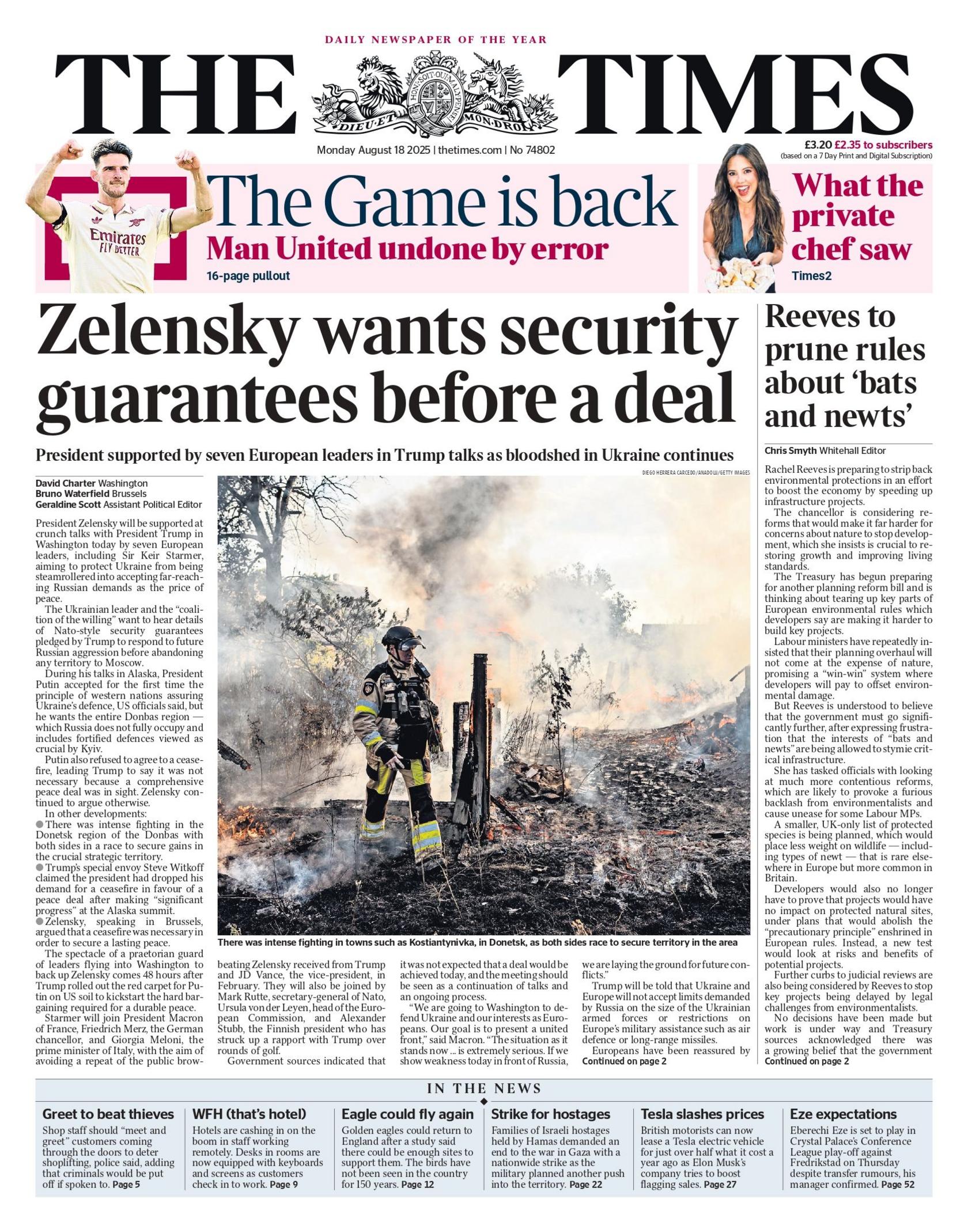 "Zelensky wants security guarantees before a deal" reads the headline on the front page of The Times.