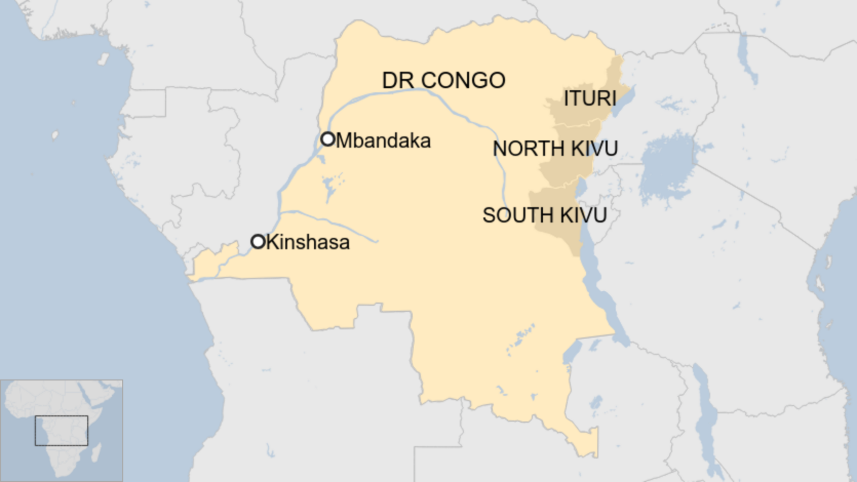 A map of DR Congo showing the provinces of Ituri, North Kivu, South Kivu and the cities of Kinshasa and Mbandaka.