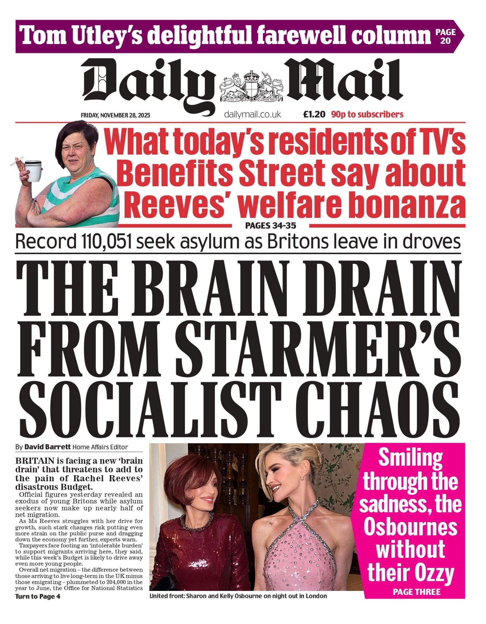 "The brain drain from Starmer's socialist chaos: Record 110,051 seek asylum as Britons leave in droves", reads the headline on the front page of the Daily Mail.