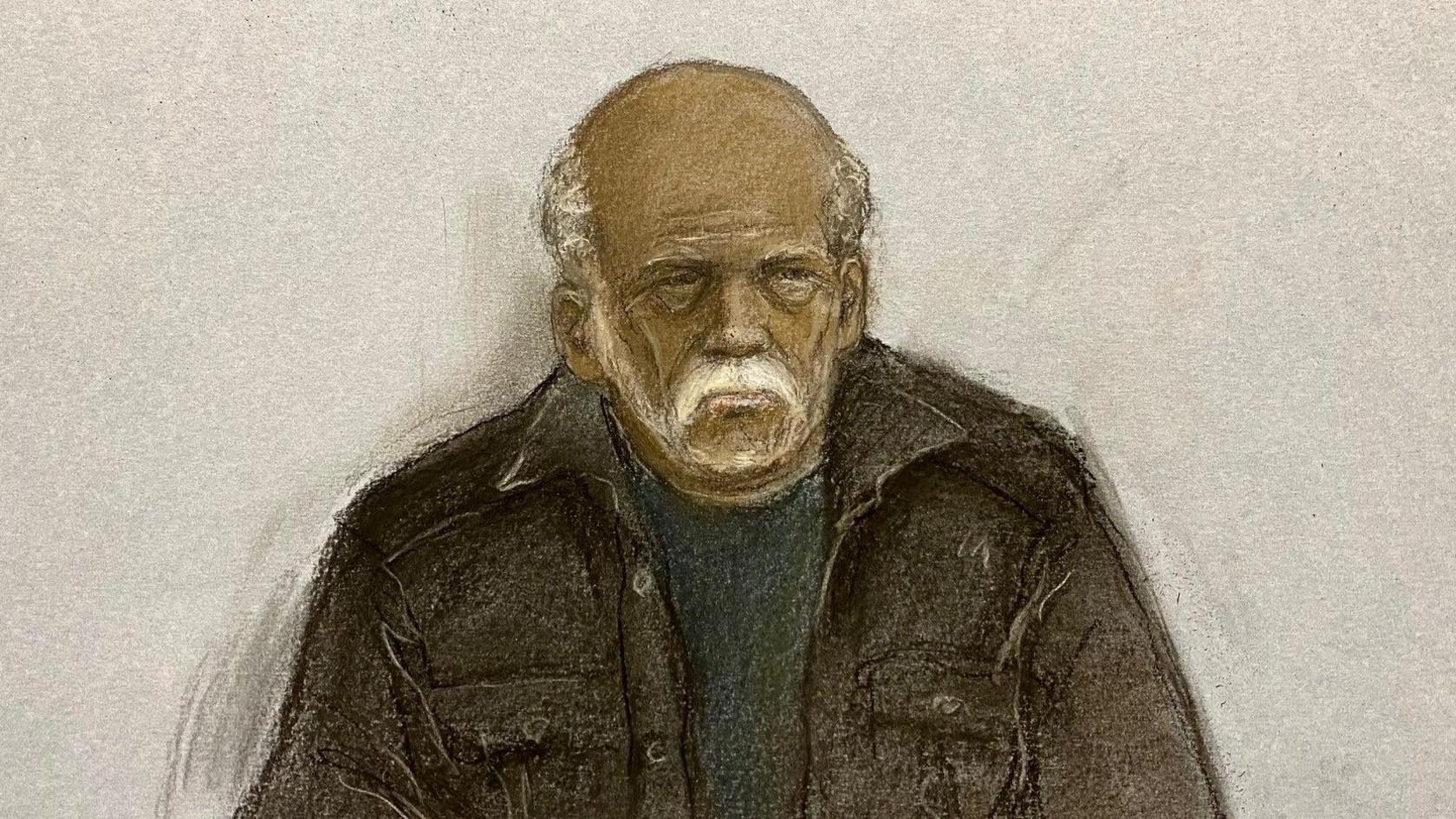 Court sketch of Ryland Headley who has receding white hair and facial hair and is wearing a brown jacket.