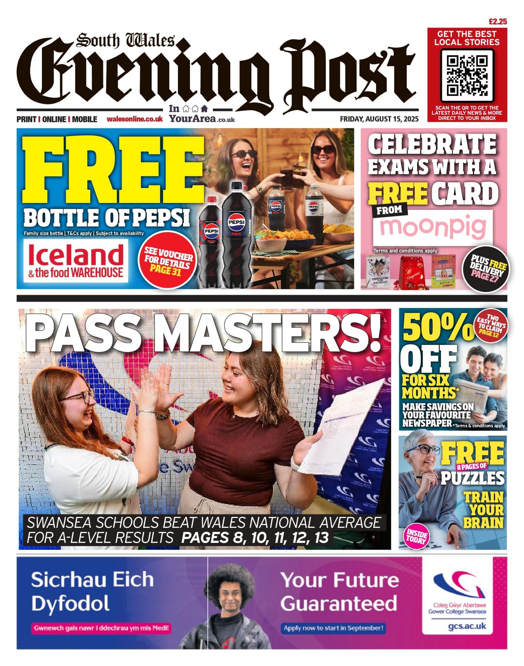 South Wales Evening Post, with a main headline reading "Pass Masters!" The image is of two young woman, one in a white top and one in a red top, high fiving each other, with one holding a piece of paper, likely her results, in her hand. 