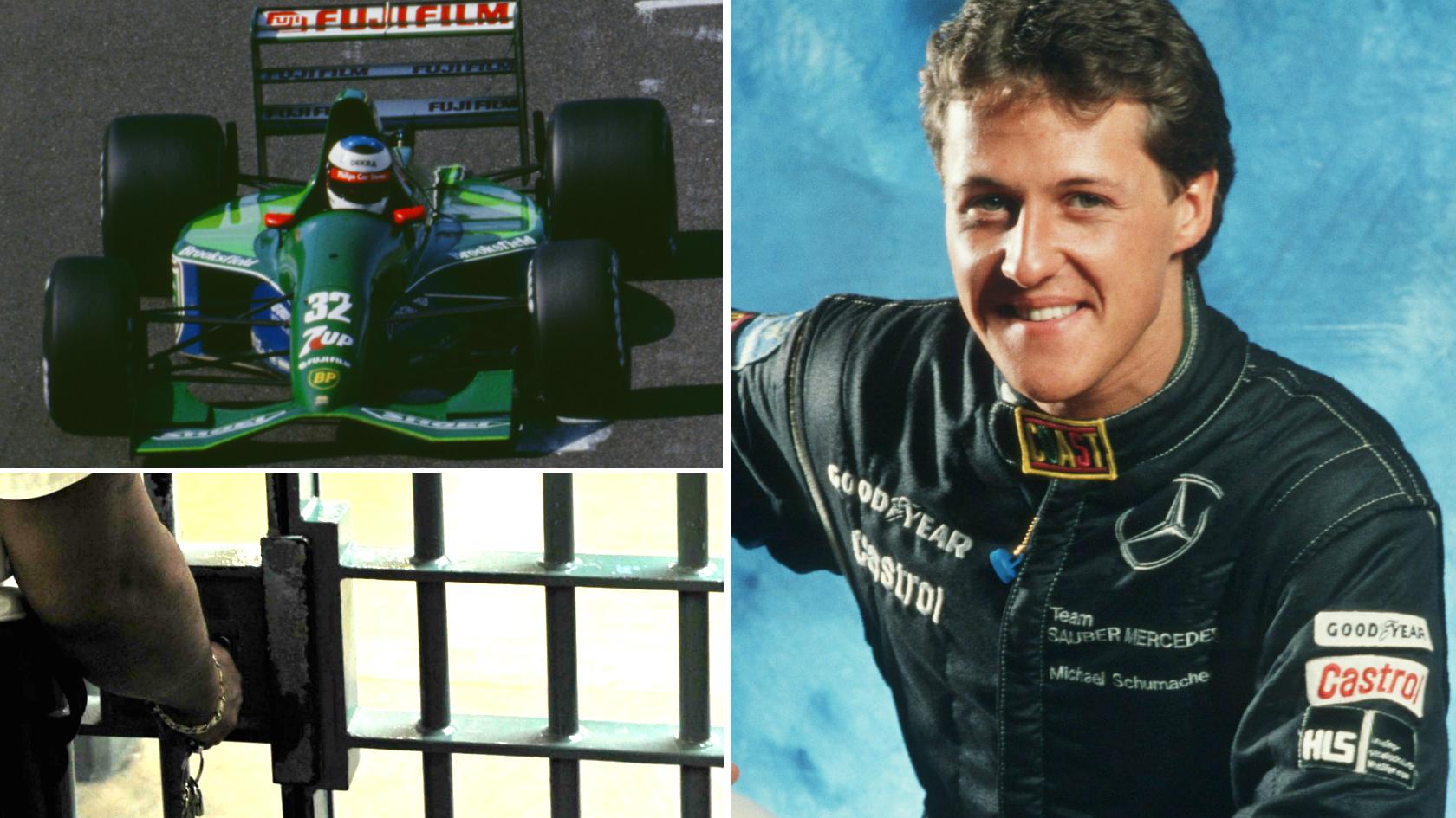 Michael Schumacher in his early racing career and an image of a prison cell