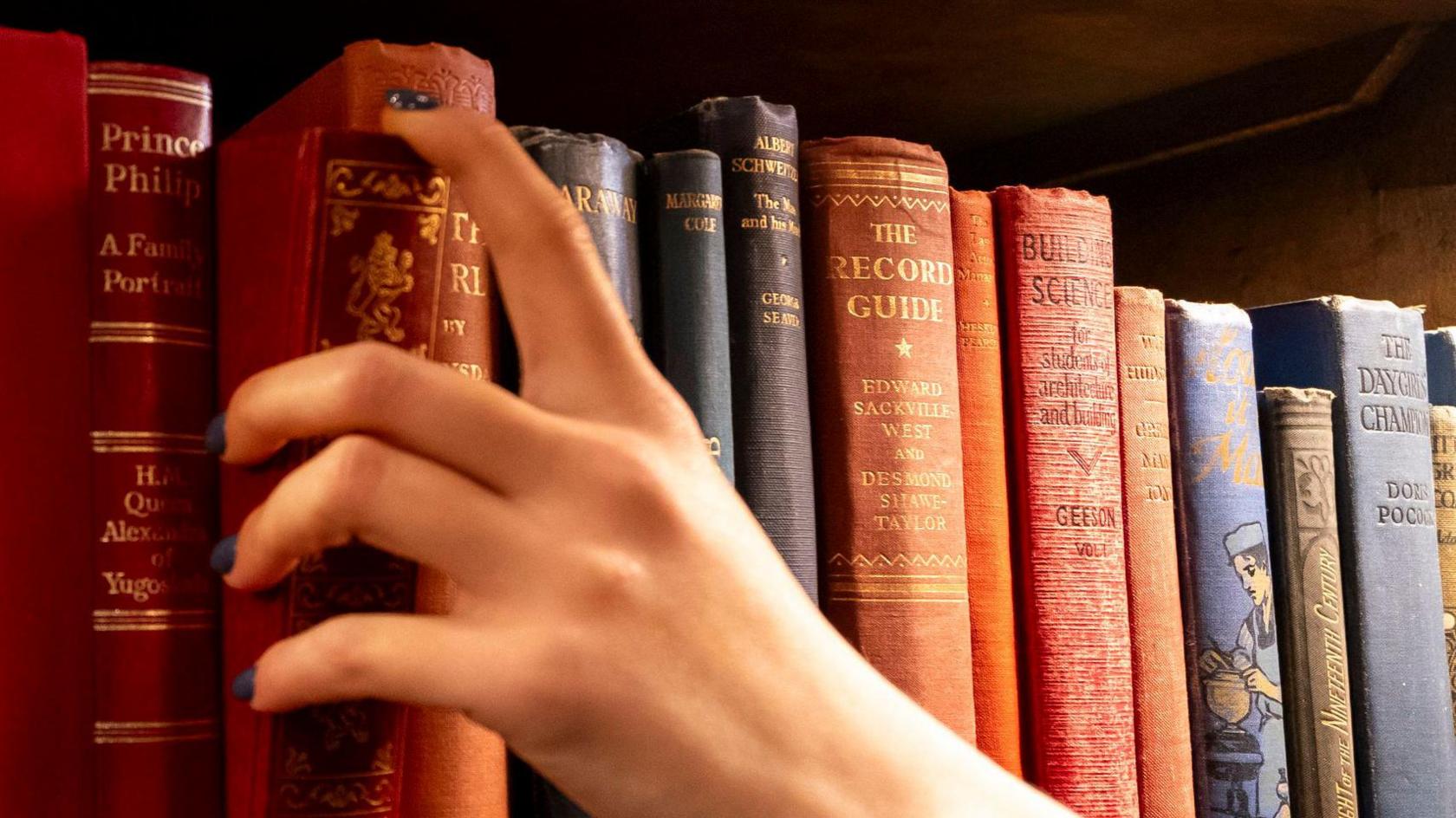 Hand picking a book off a shelf