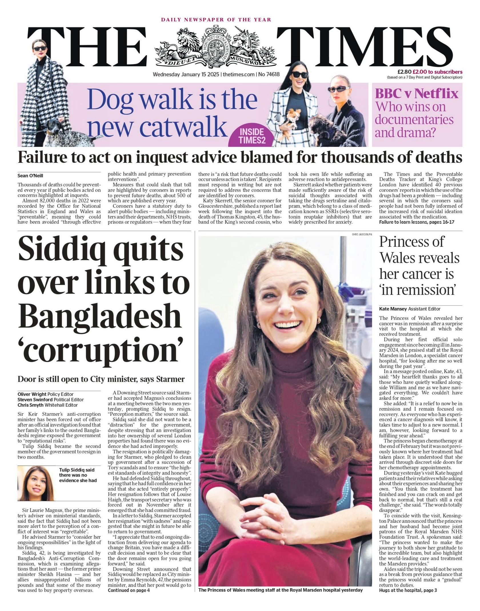 The headline on the front page of the Times reads: "Siddiq quits over links to Bangladesh 'corruption'"