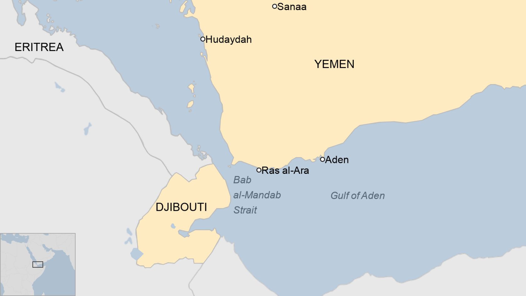 Map showing Yemen, Djibouti and Ras al-Ara