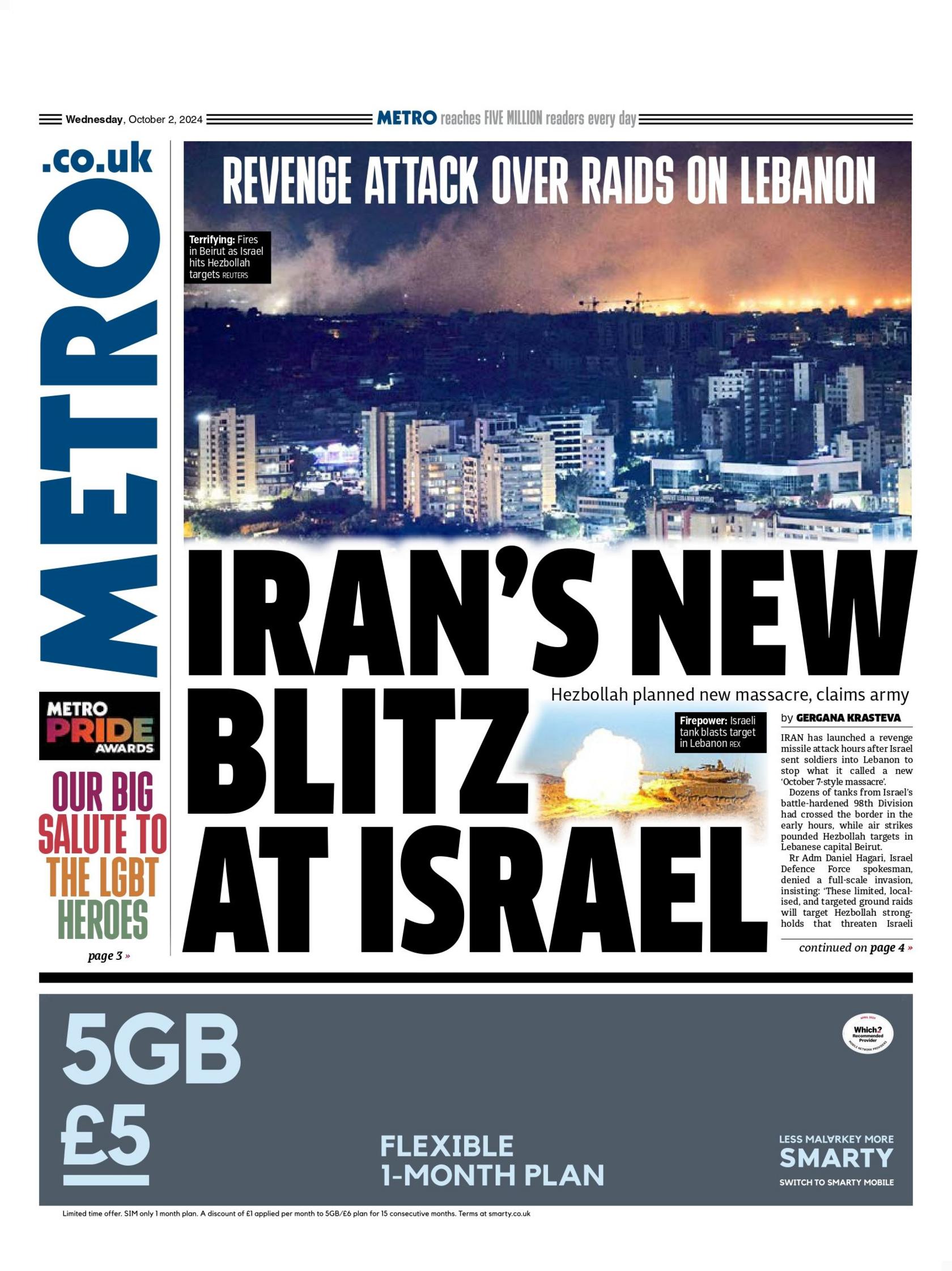 Metro front page for 2 October 