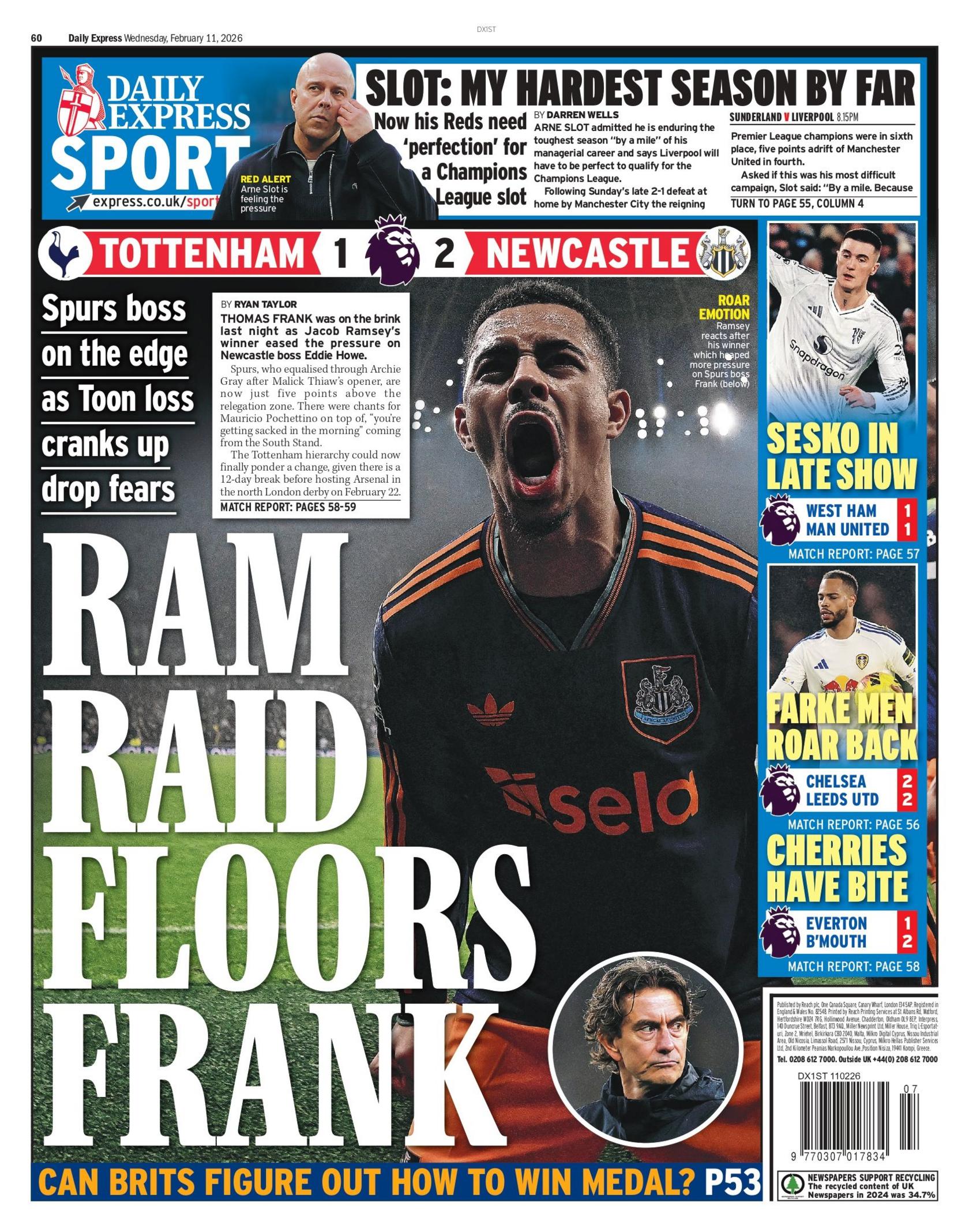 Back page of the Express with the headline "Ram raid floors Frank".