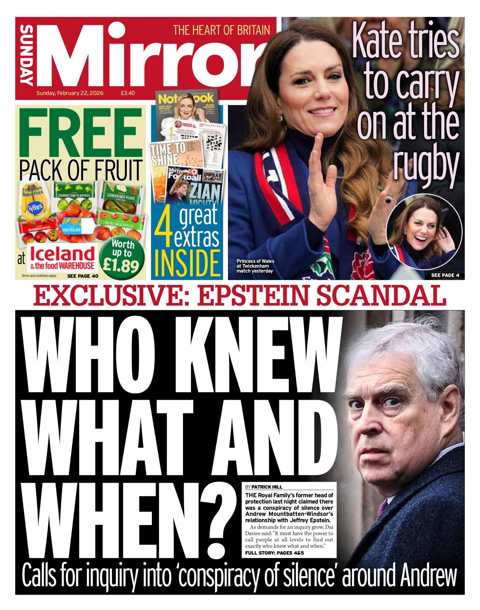 "Who knew what and when? Calls for inquiry into 'conspiracy of silence' around Andrew" reads the headline on the front page of the Sunday Mirror.