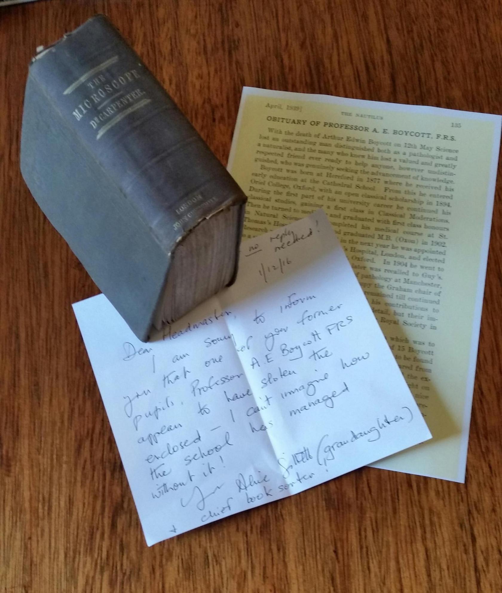 The book with a letter written by Alice Gillett to the school